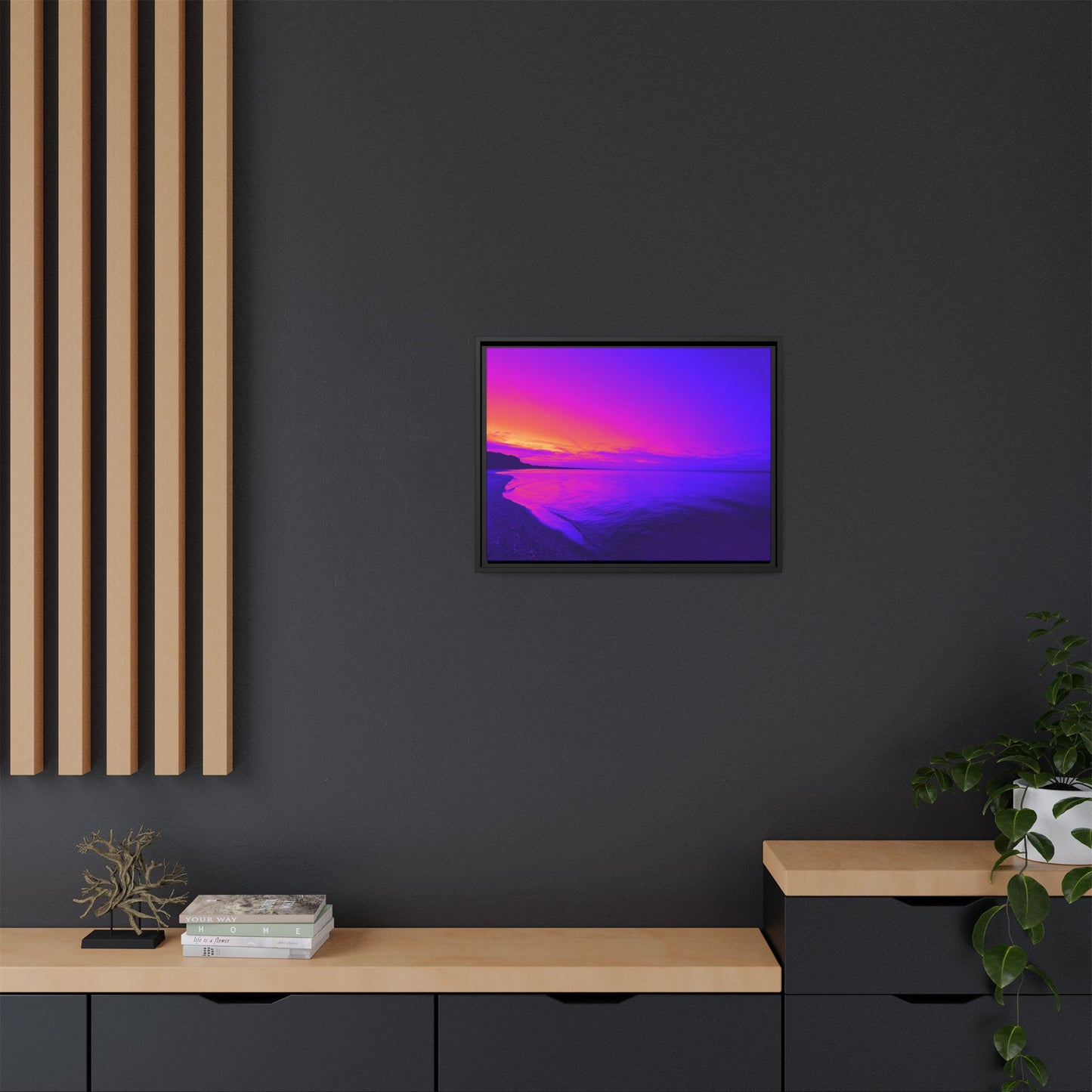 "Lavishing Symmetry" Sunset Shore Matte Canvas Framed Wall Art — Vibrant Purple & Pink Beach Landscape