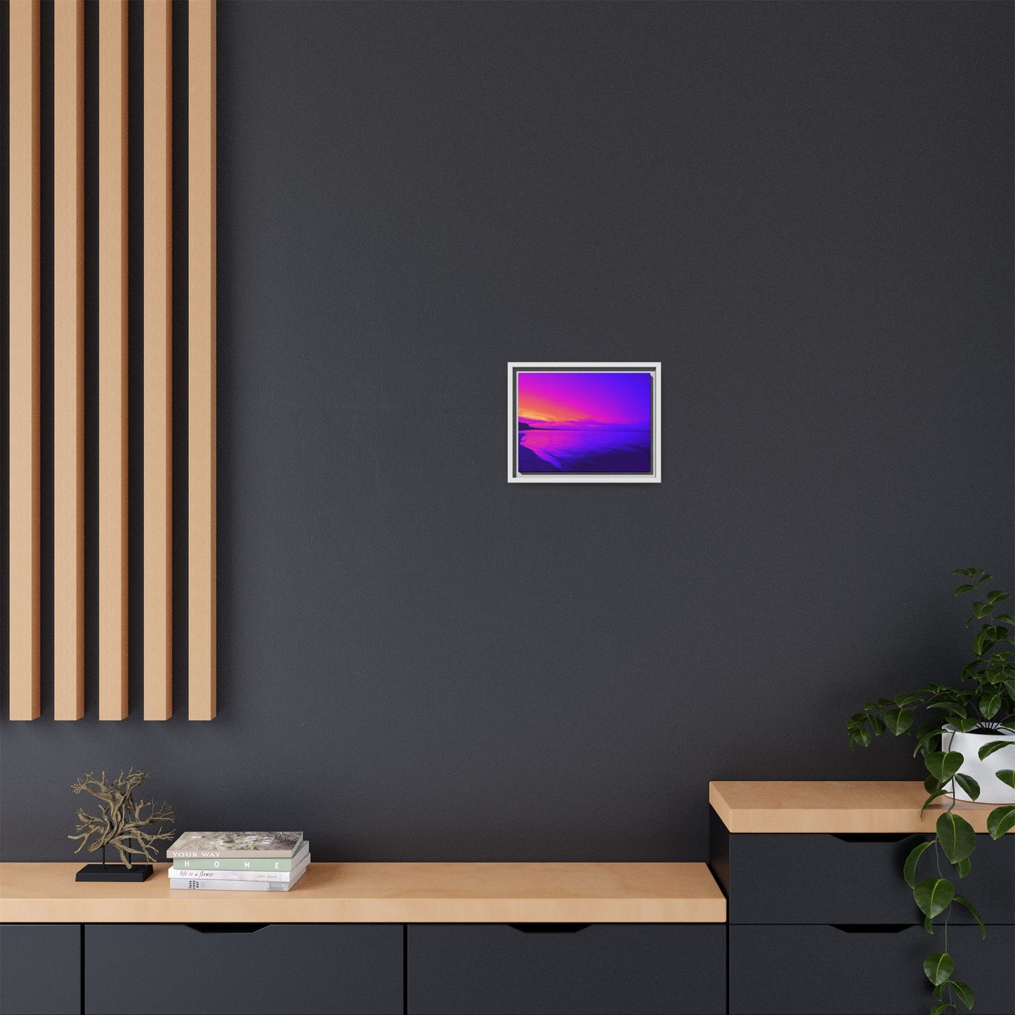 "Lavishing Symmetry" Sunset Shore Matte Canvas Framed Wall Art — Vibrant Purple & Pink Beach Landscape