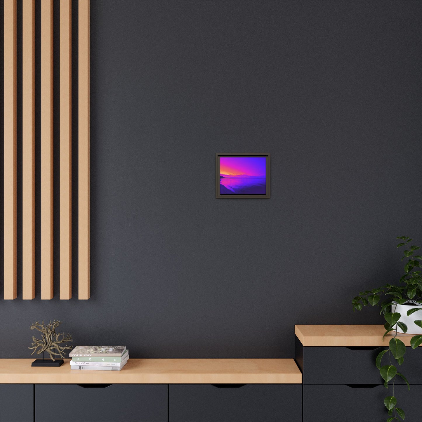 "Lavishing Symmetry" Sunset Shore Matte Canvas Framed Wall Art — Vibrant Purple & Pink Beach Landscape