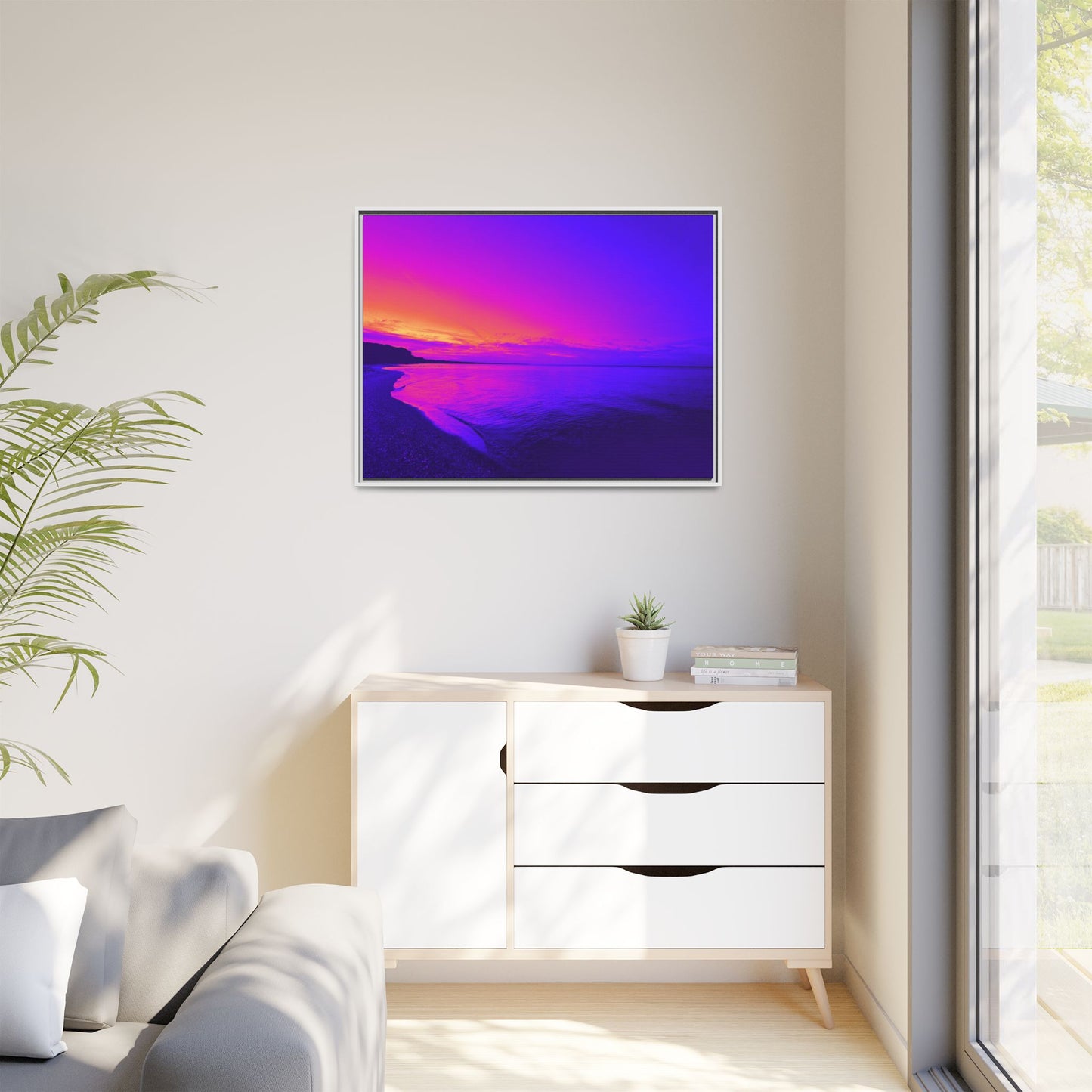 "Lavishing Symmetry" Sunset Shore Matte Canvas Framed Wall Art — Vibrant Purple & Pink Beach Landscape