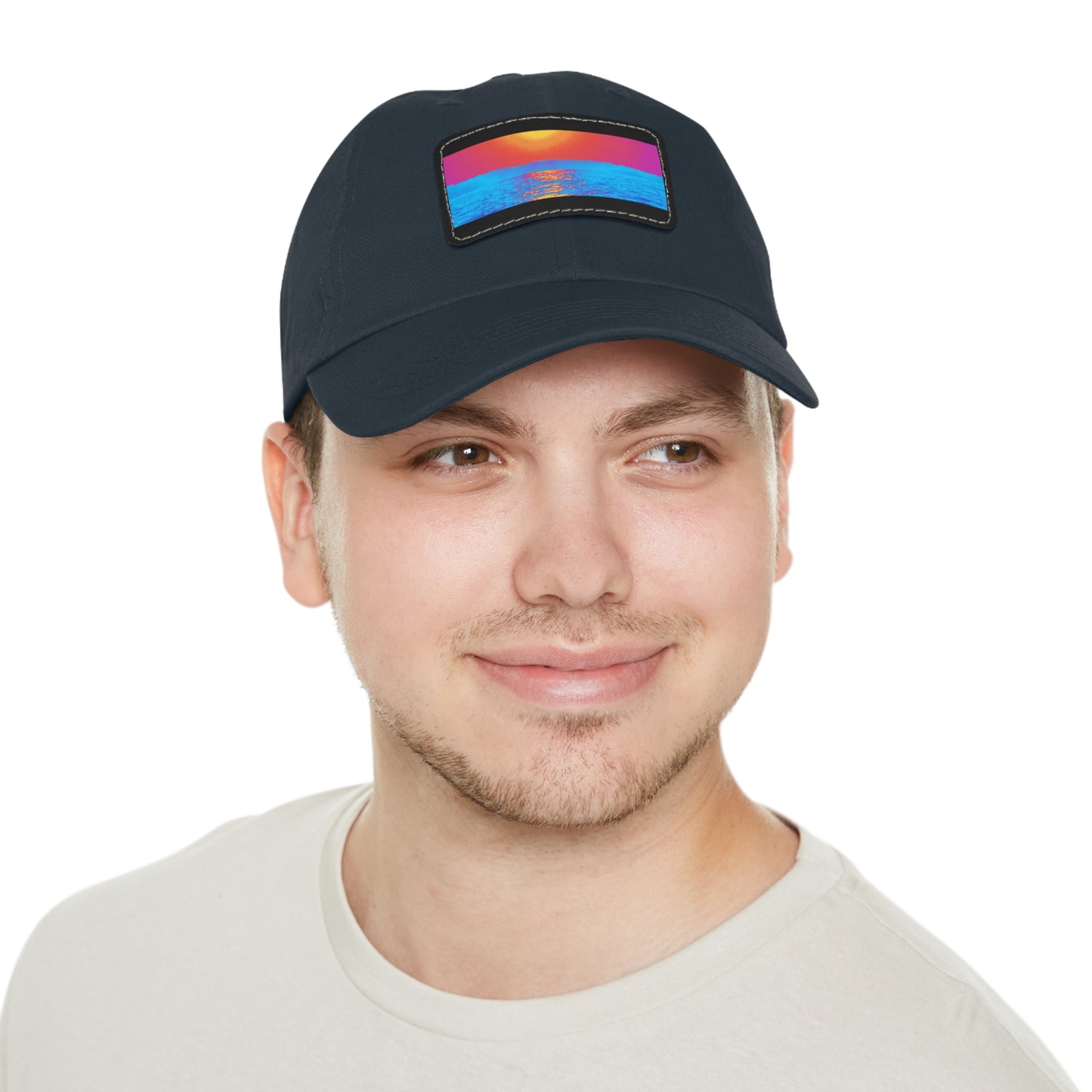 Sunset Ocean Leather Patch Dad Hat — Retro Vaporwave Beach Cap
