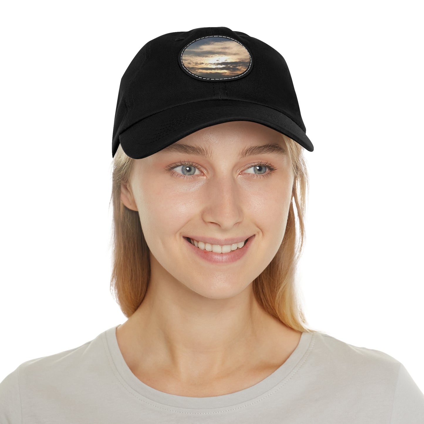 Round Leather Patch Dad Hat —"Sun Peaking Over the Clouds"-Patch Cap