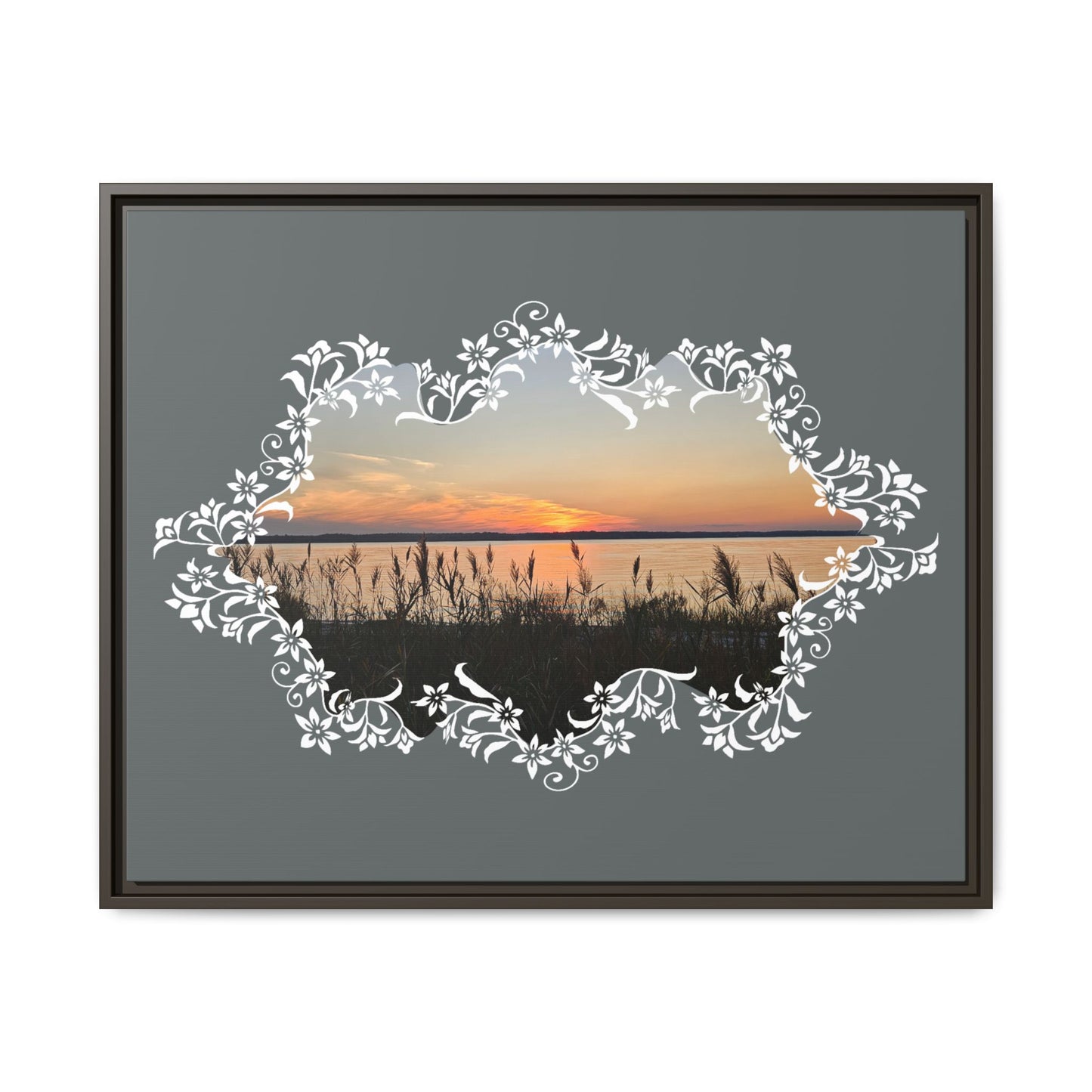 "Wild Youth" Framed Matte Canvas - Sunrise Marsh with Ornate White Floral Frame
