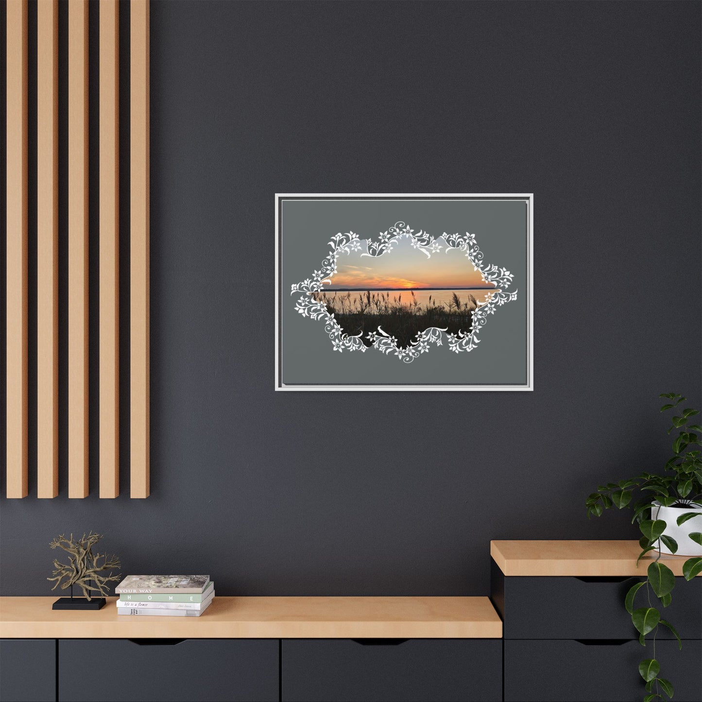 "Wild Youth" Framed Matte Canvas - Sunrise Marsh with Ornate White Floral Frame