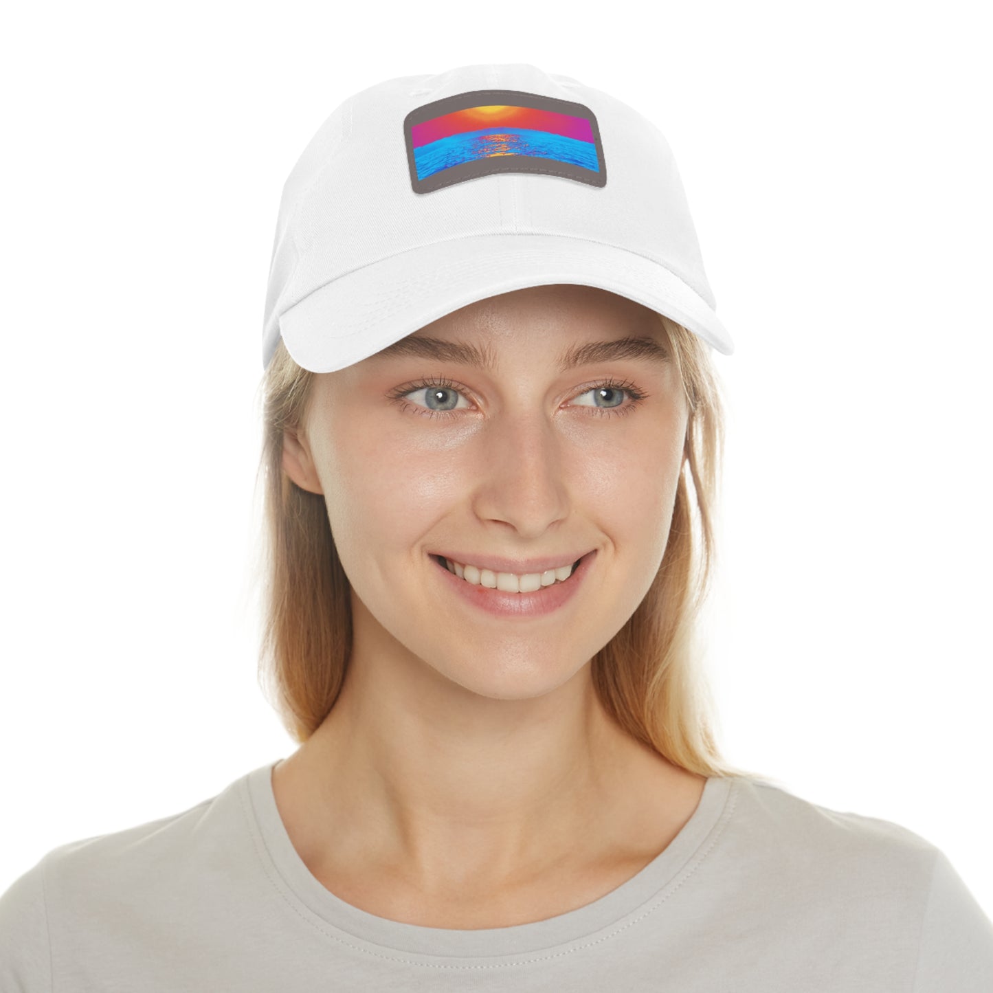Sunset Ocean Leather Patch Dad Hat — Retro Vaporwave Beach Cap