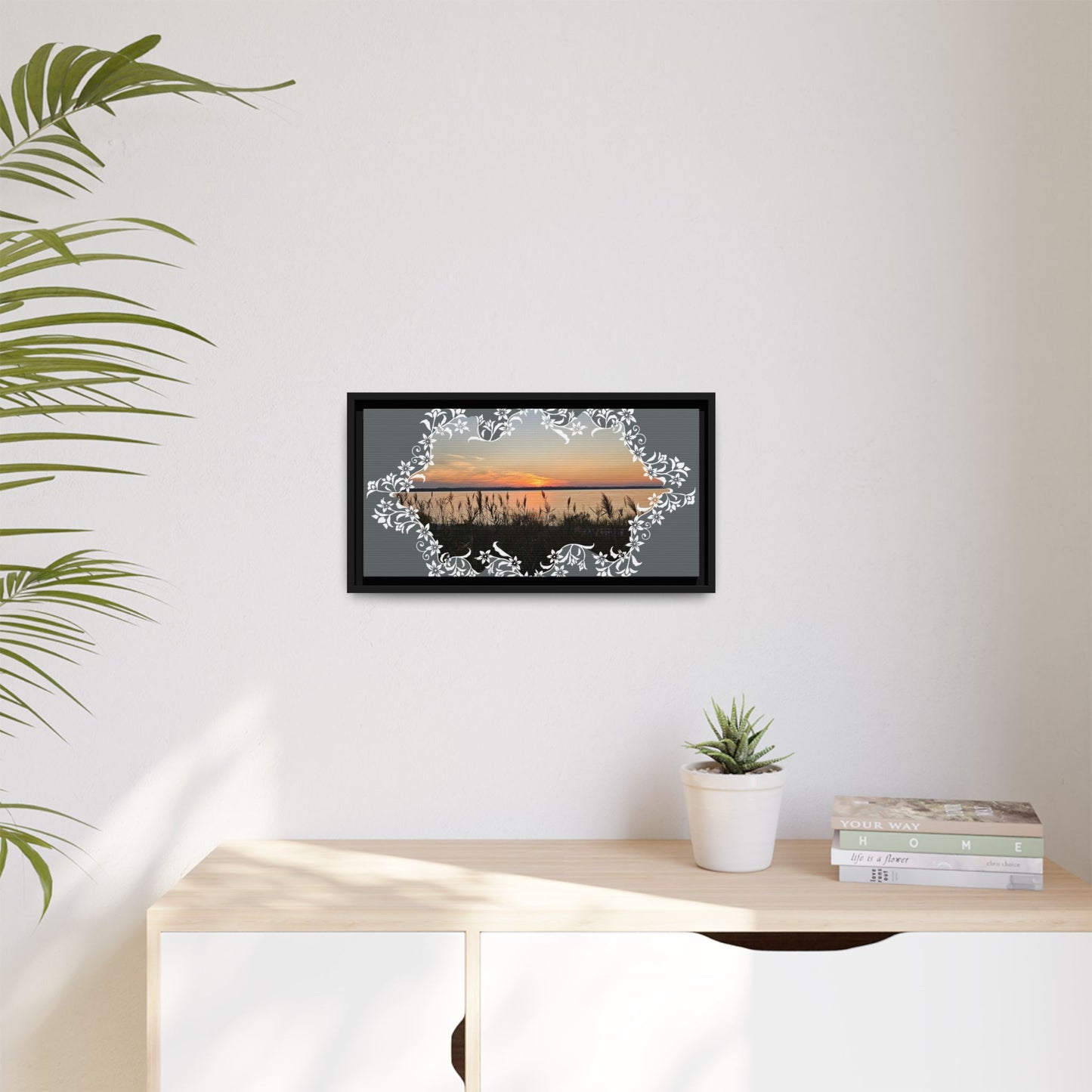 "Wild Youth" Framed Matte Canvas - Sunrise Marsh with Ornate White Floral Frame