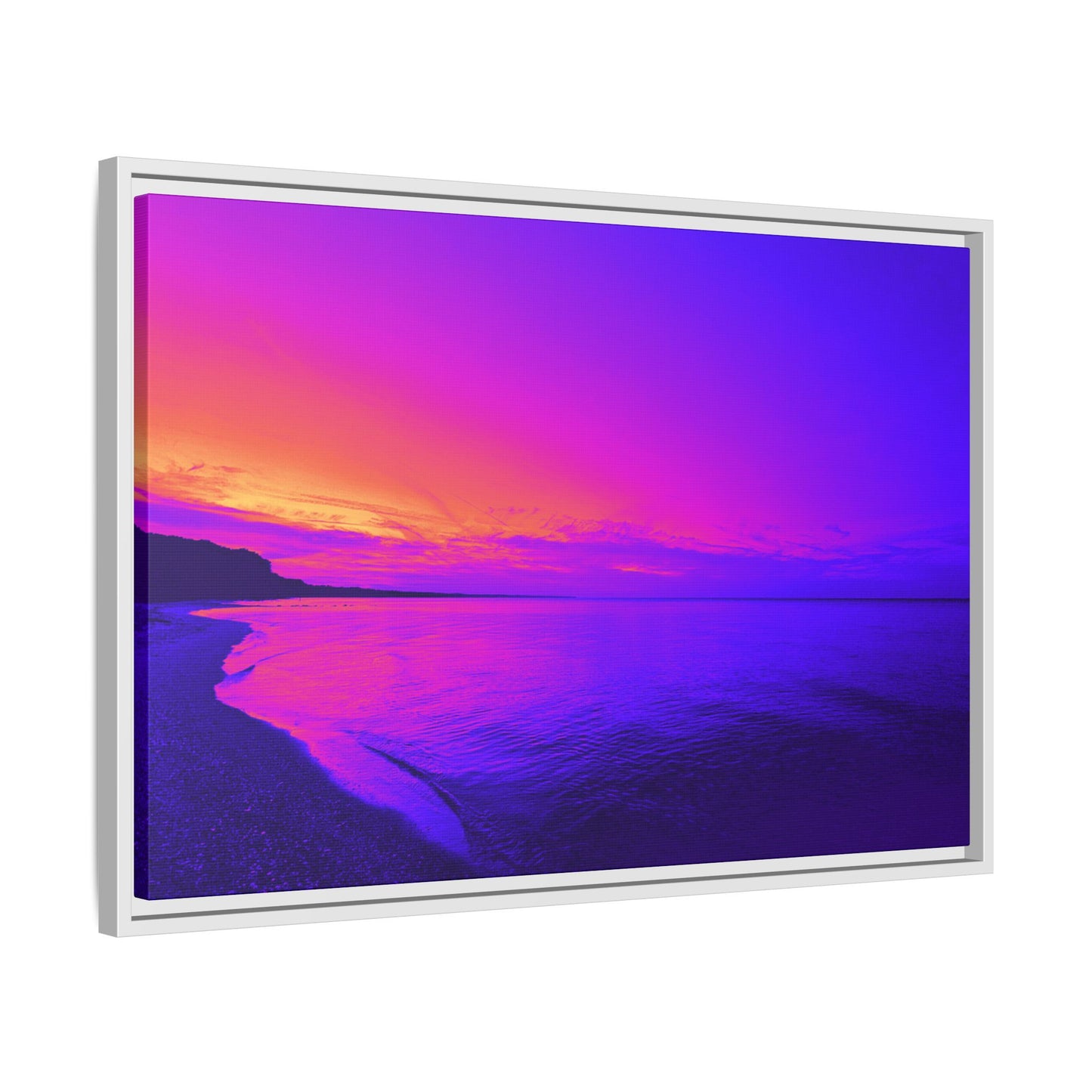 "Lavishing Symmetry" Sunset Shore Matte Canvas Framed Wall Art — Vibrant Purple & Pink Beach Landscape