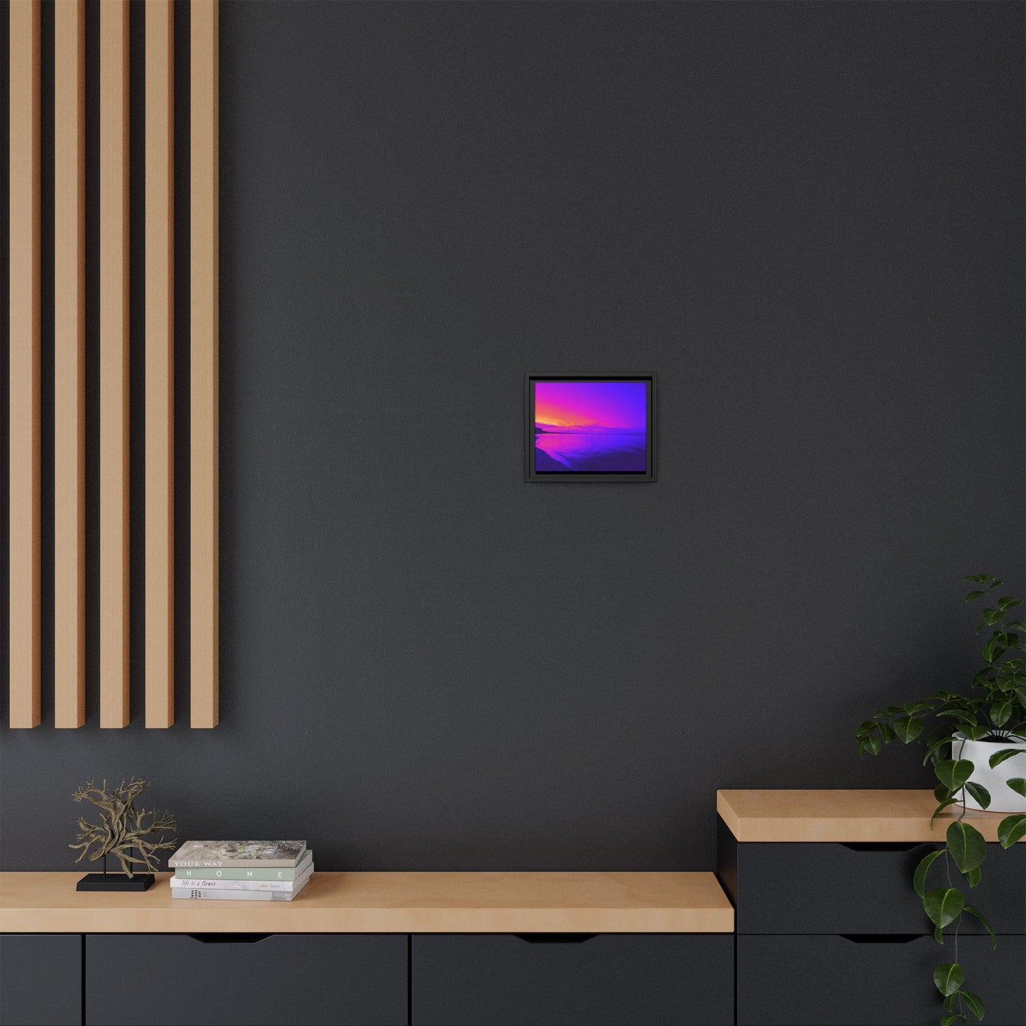 "Lavishing Symmetry" Sunset Shore Matte Canvas Framed Wall Art — Vibrant Purple & Pink Beach Landscape