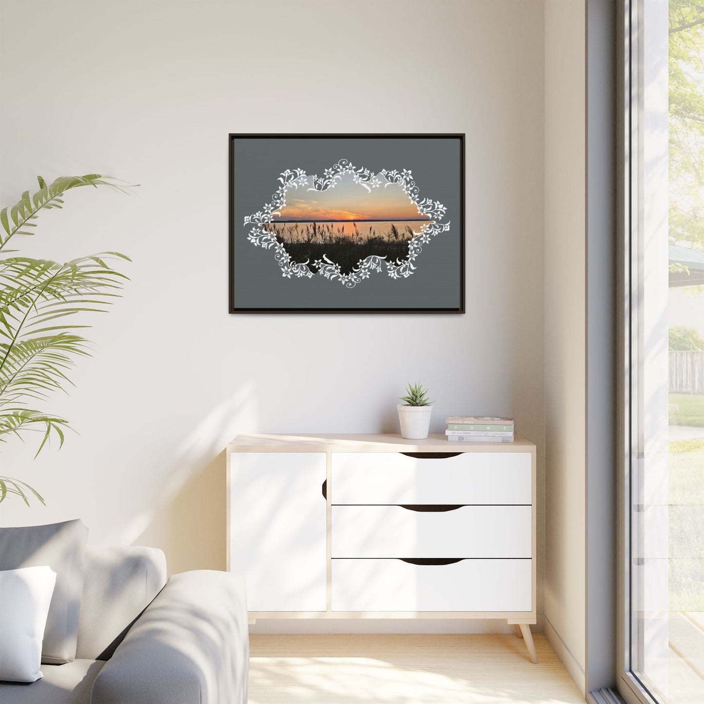 "Wild Youth" Framed Matte Canvas - Sunrise Marsh with Ornate White Floral Frame