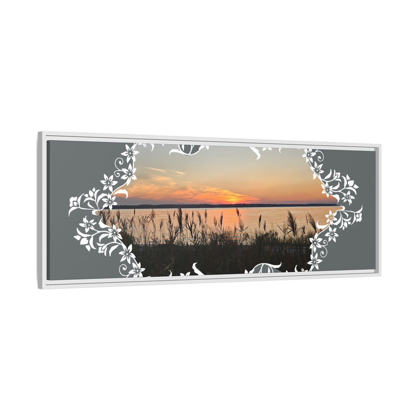 "Wild Youth" Framed Matte Canvas - Sunrise Marsh with Ornate White Floral Frame