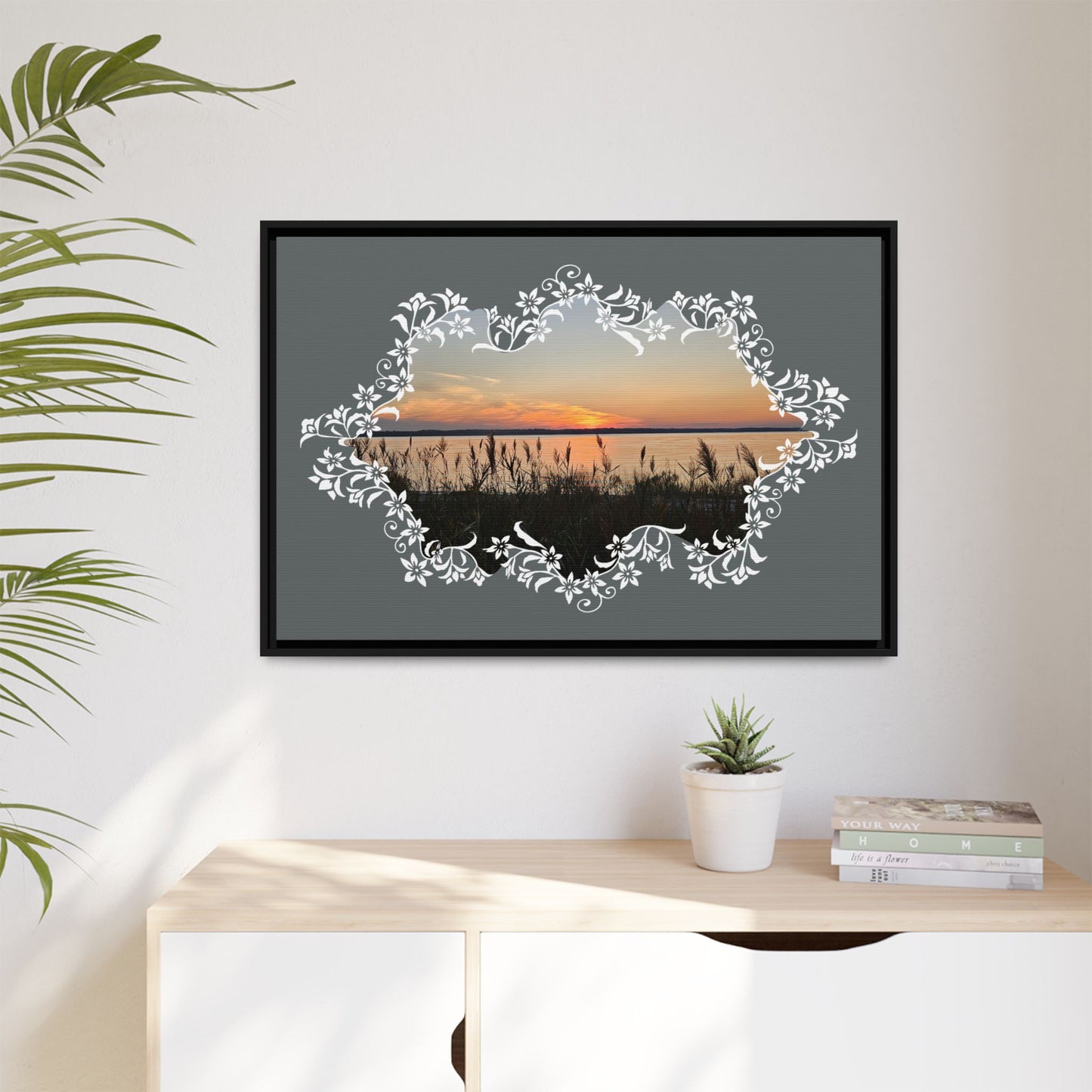 "Wild Youth" Framed Matte Canvas - Sunrise Marsh with Ornate White Floral Frame