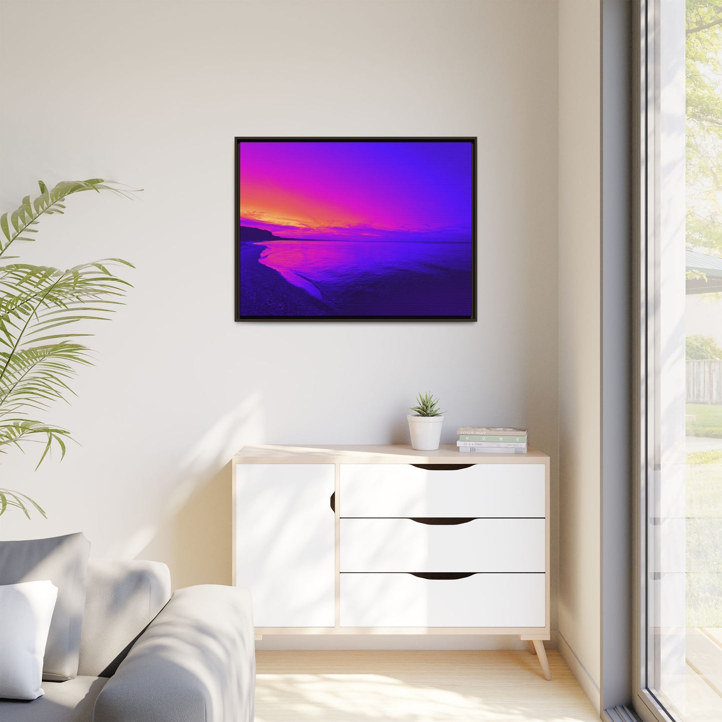 "Lavishing Symmetry" Sunset Shore Matte Canvas Framed Wall Art — Vibrant Purple & Pink Beach Landscape
