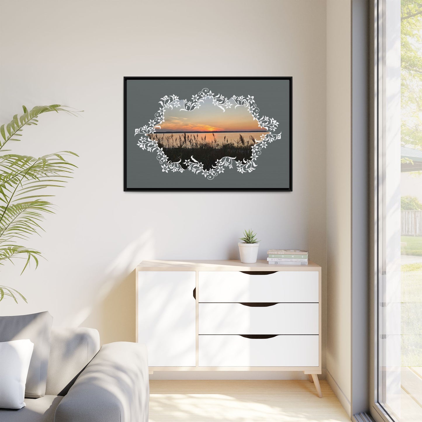 "Wild Youth" Framed Matte Canvas - Sunrise Marsh with Ornate White Floral Frame