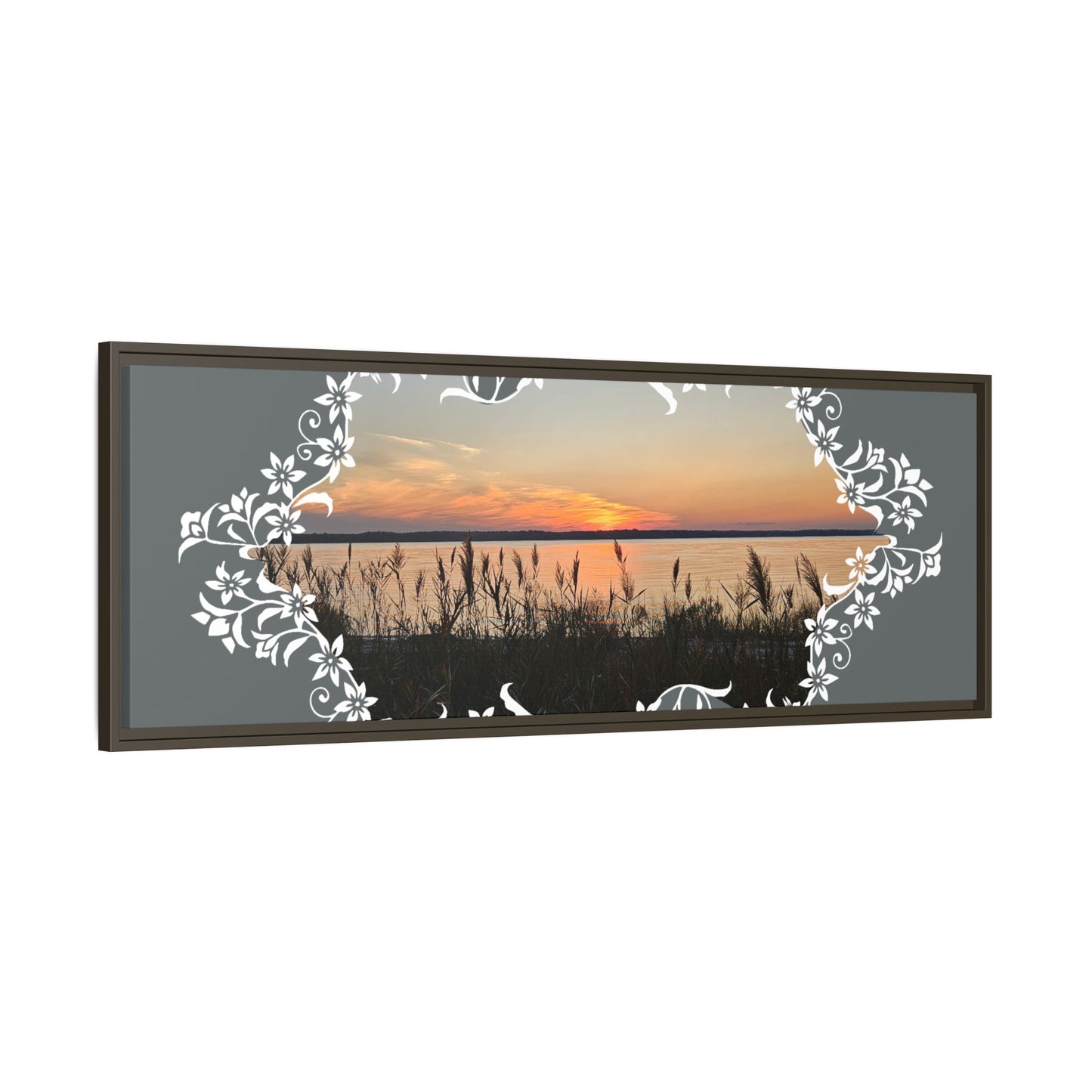 "Wild Youth" Framed Matte Canvas - Sunrise Marsh with Ornate White Floral Frame