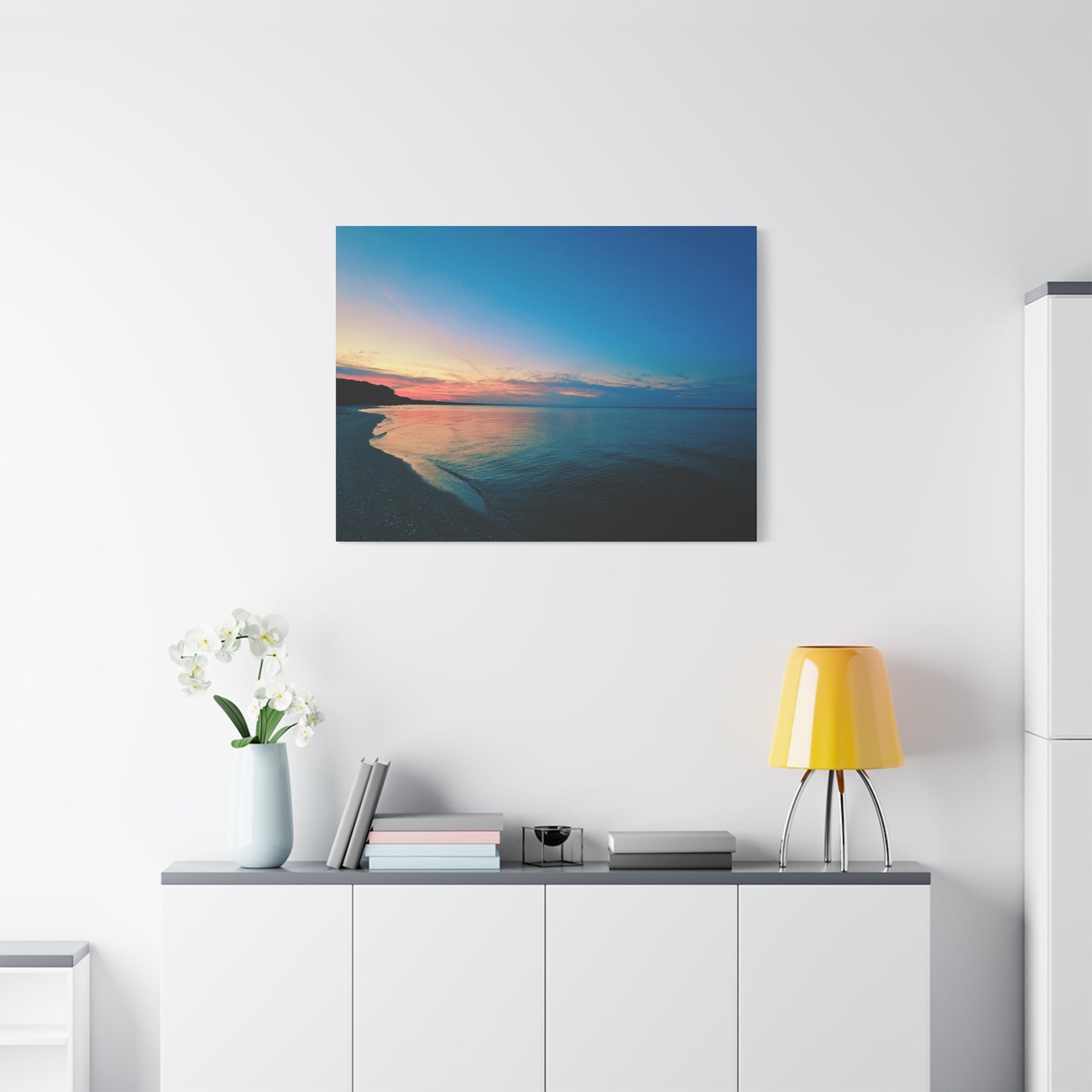 "Blue Symmetry" Sunset Beach Matte Canvas Print — Stretched Wall Art