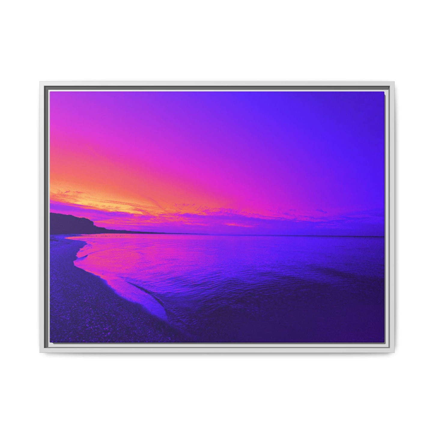 "Lavishing Symmetry" Sunset Shore Matte Canvas Framed Wall Art — Vibrant Purple & Pink Beach Landscape