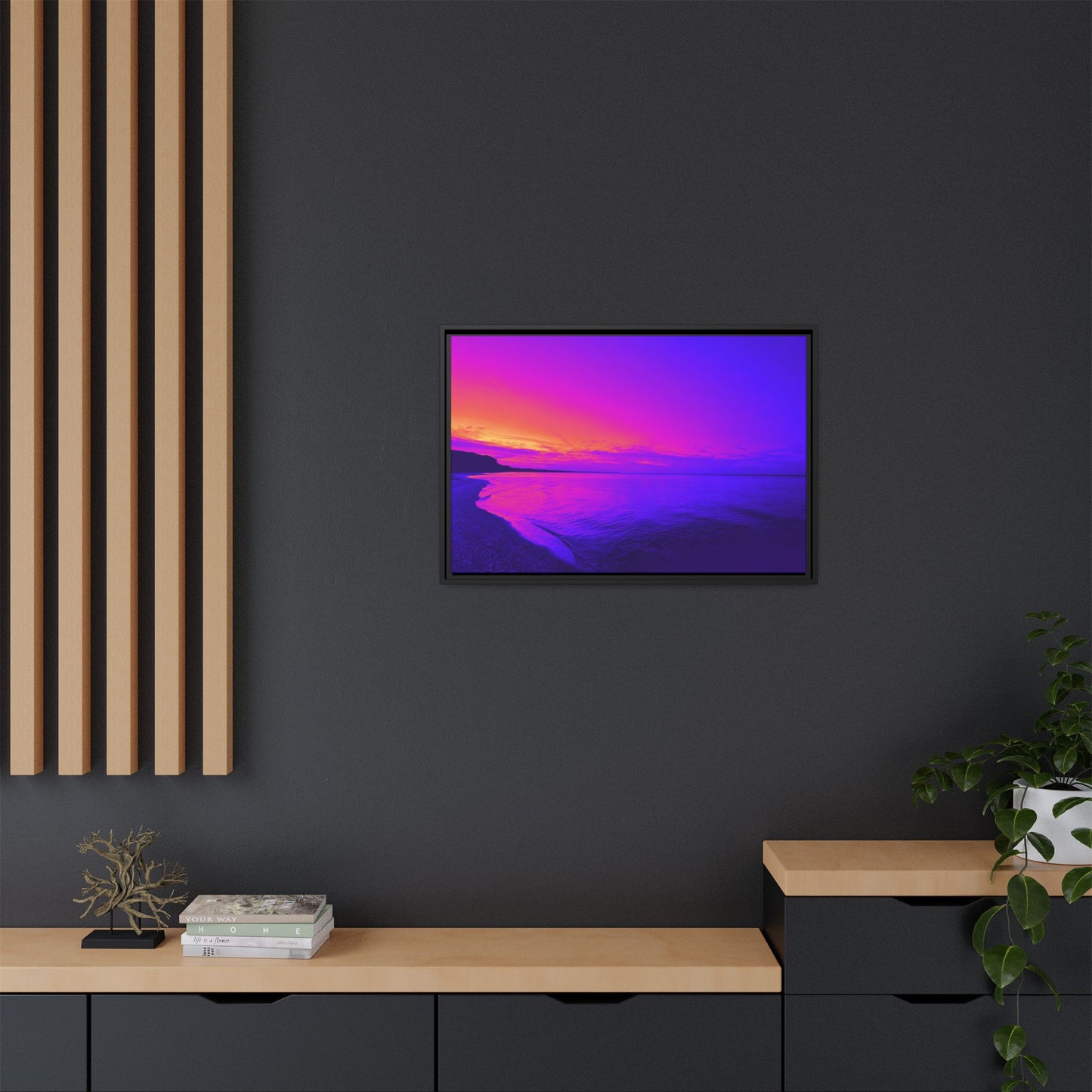 "Lavishing Symmetry" Sunset Shore Matte Canvas Framed Wall Art — Vibrant Purple & Pink Beach Landscape