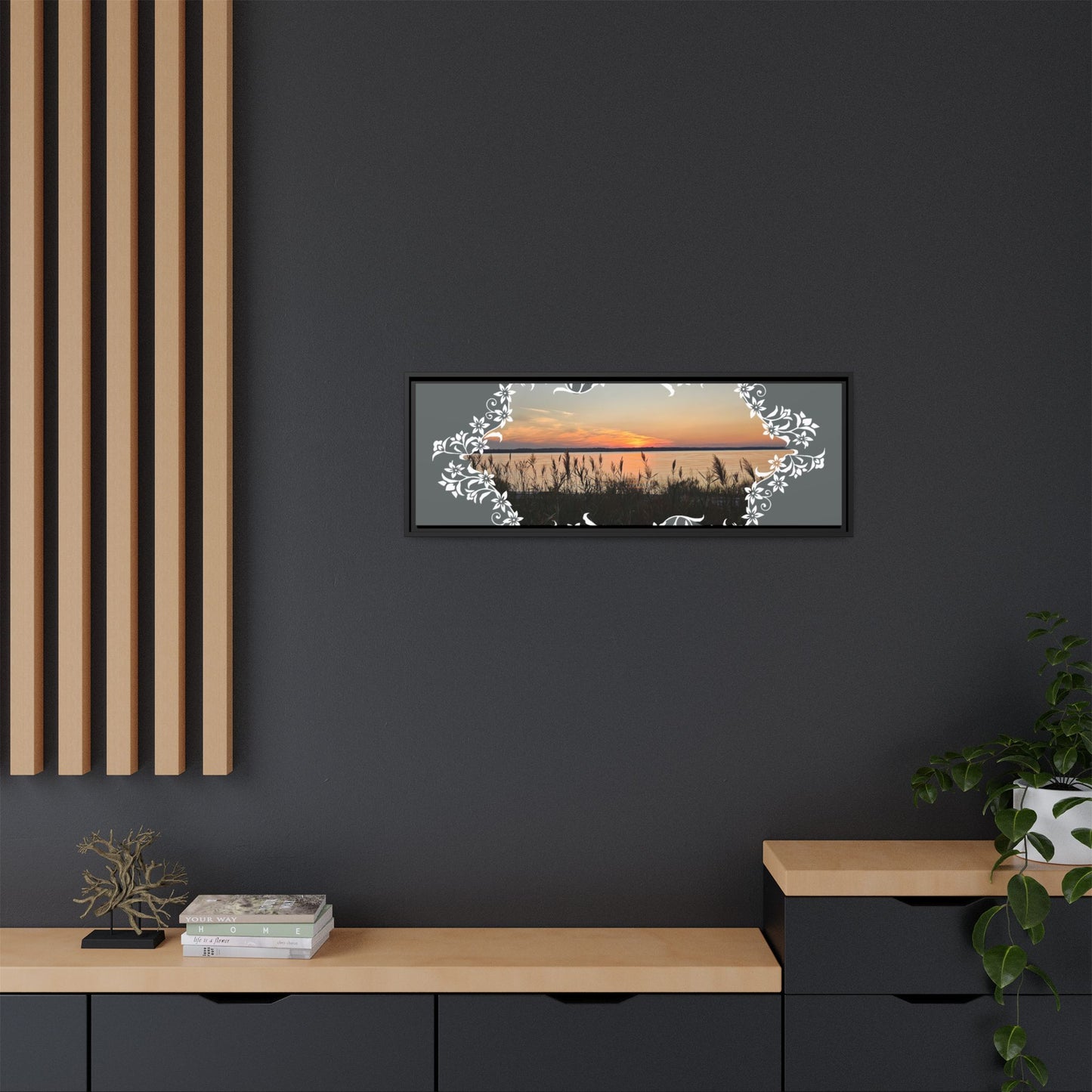 "Wild Youth" Framed Matte Canvas - Sunrise Marsh with Ornate White Floral Frame