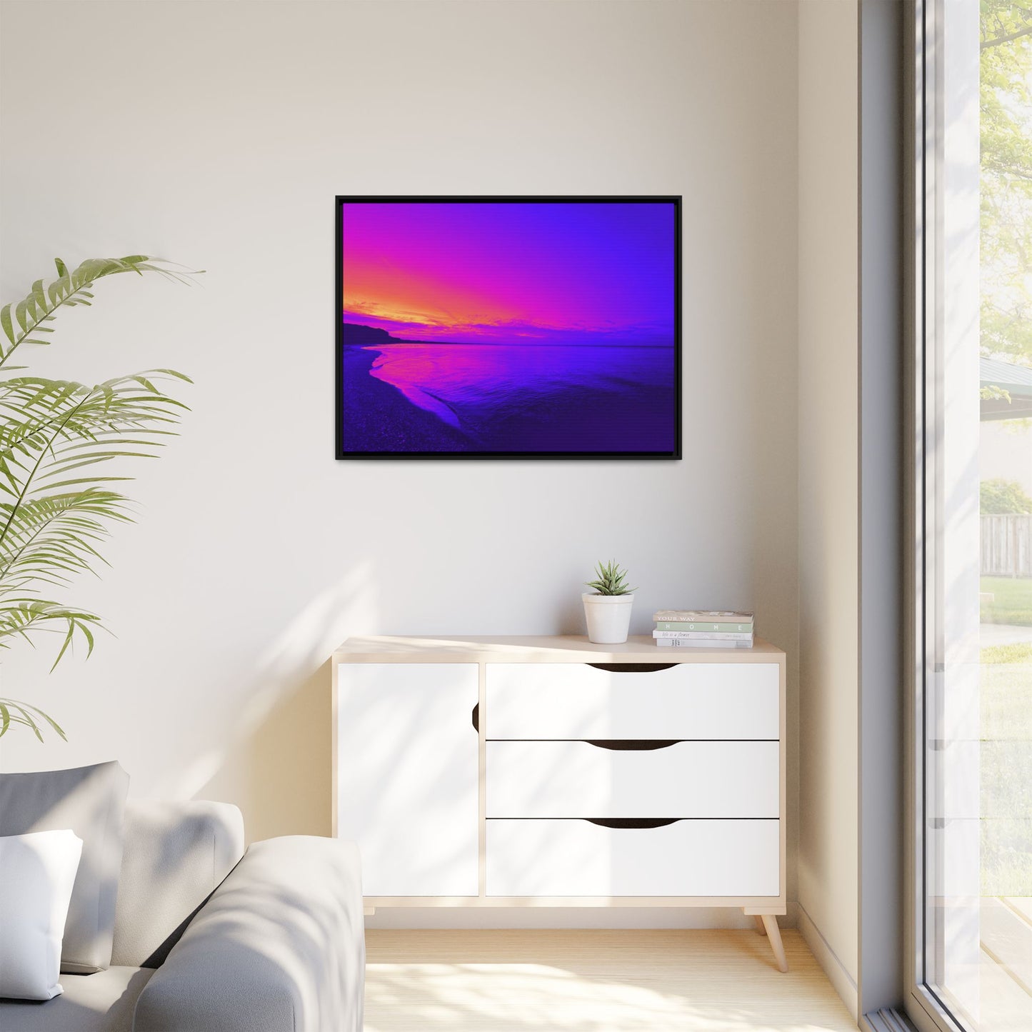 "Lavishing Symmetry" Sunset Shore Matte Canvas Framed Wall Art — Vibrant Purple & Pink Beach Landscape