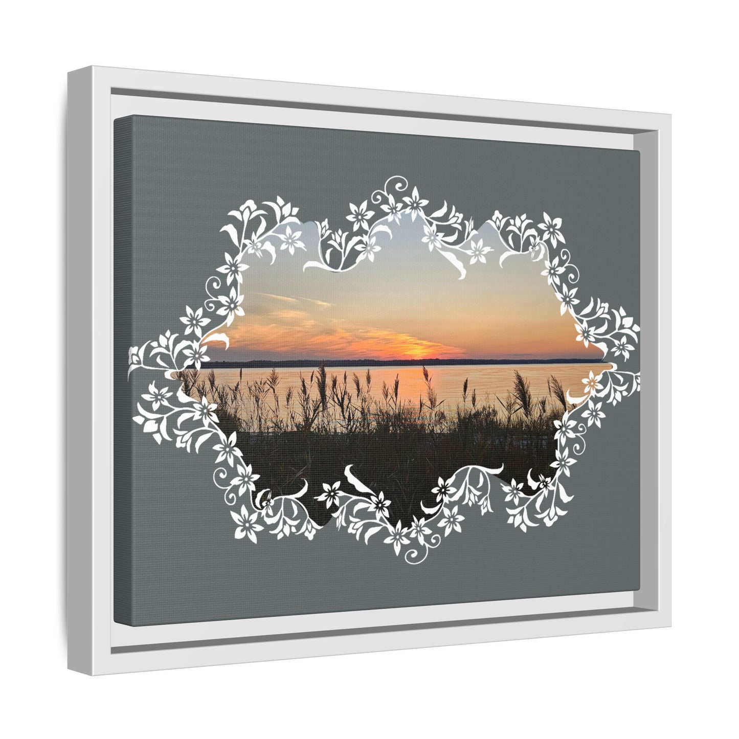 "Wild Youth" Framed Matte Canvas - Sunrise Marsh with Ornate White Floral Frame