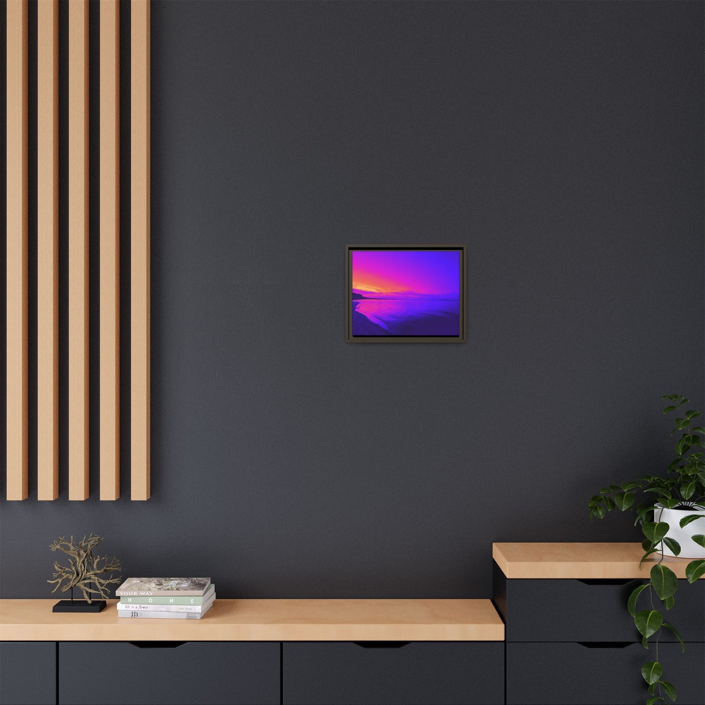 "Lavishing Symmetry" Sunset Shore Matte Canvas Framed Wall Art — Vibrant Purple & Pink Beach Landscape