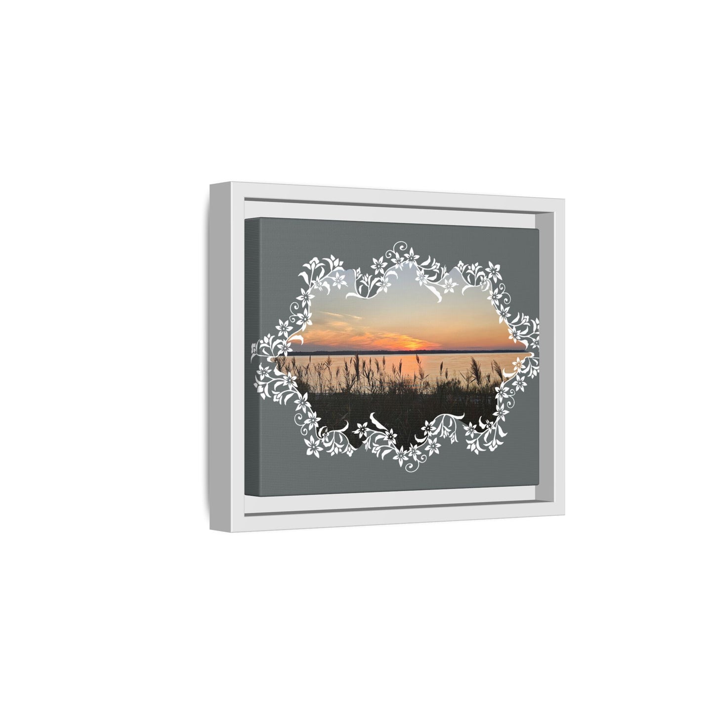 "Wild Youth" Framed Matte Canvas - Sunrise Marsh with Ornate White Floral Frame