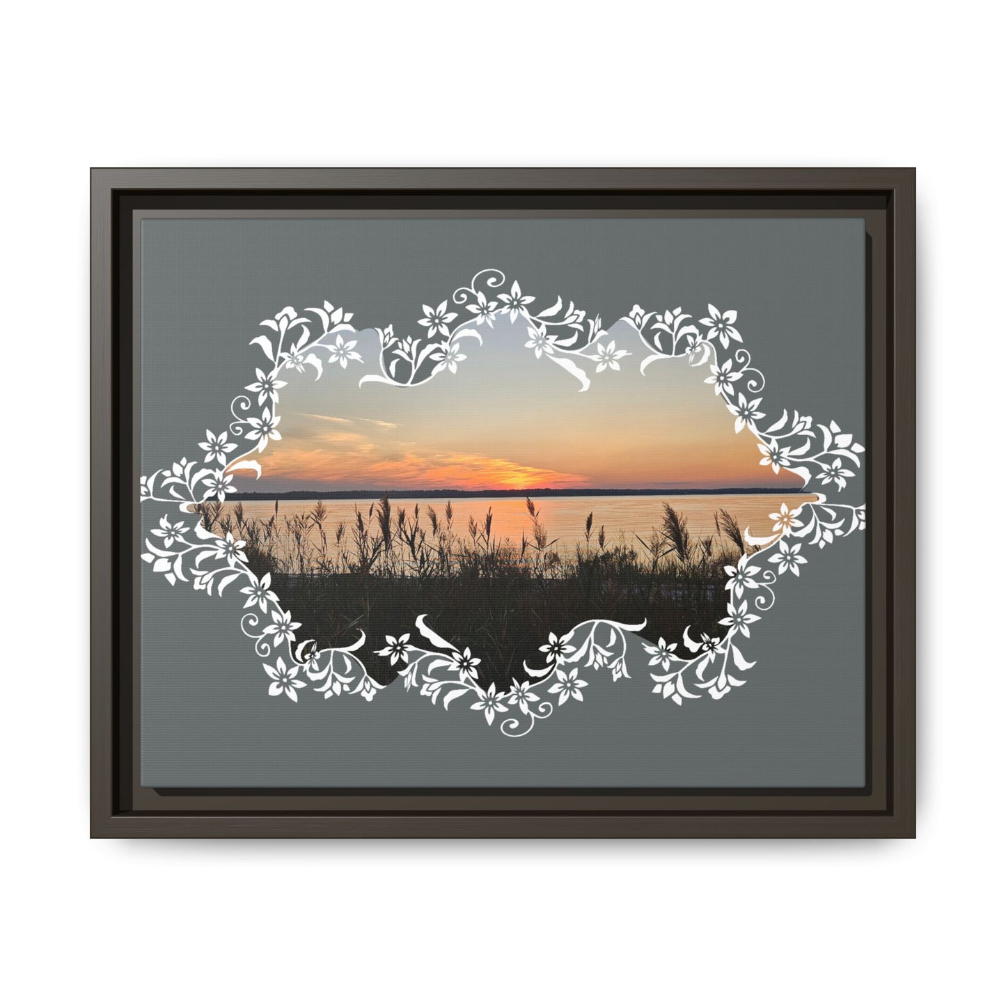 "Wild Youth" Framed Matte Canvas - Sunrise Marsh with Ornate White Floral Frame