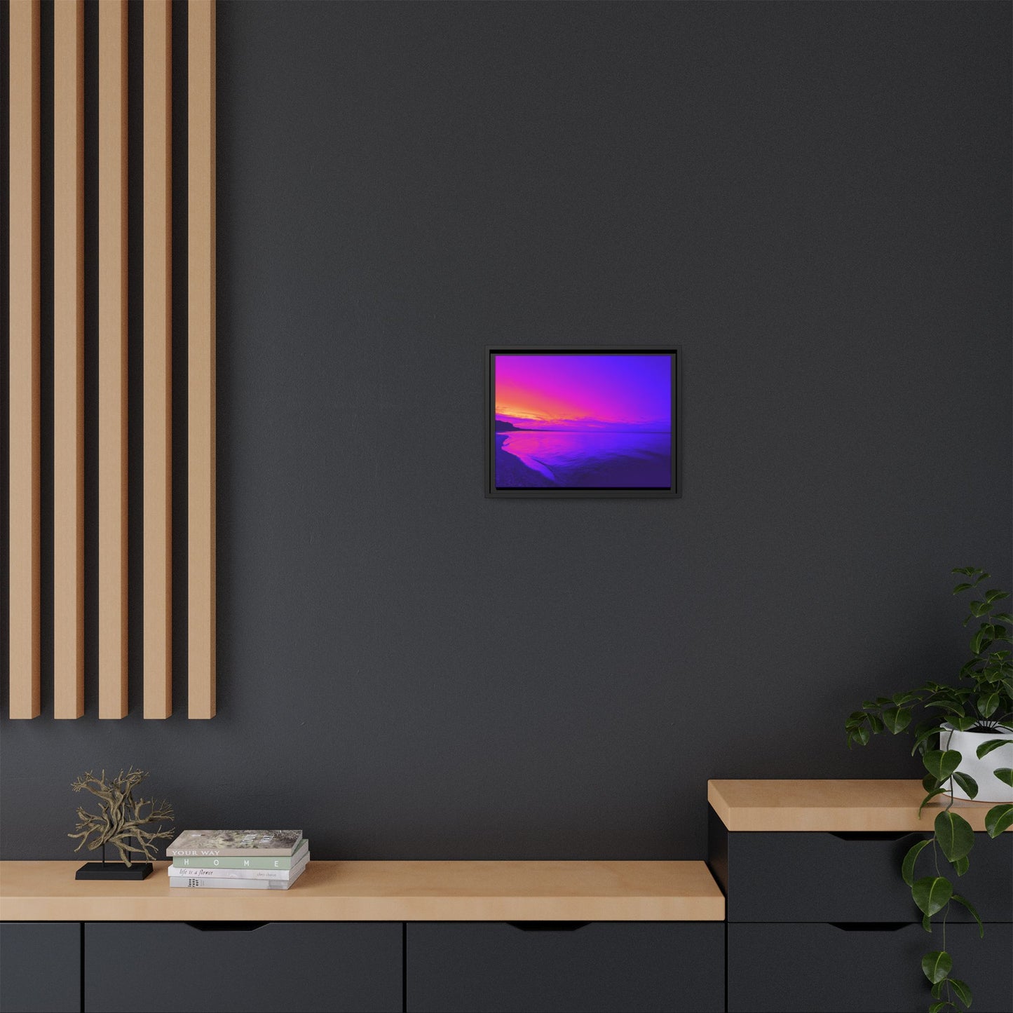 "Lavishing Symmetry" Sunset Shore Matte Canvas Framed Wall Art — Vibrant Purple & Pink Beach Landscape