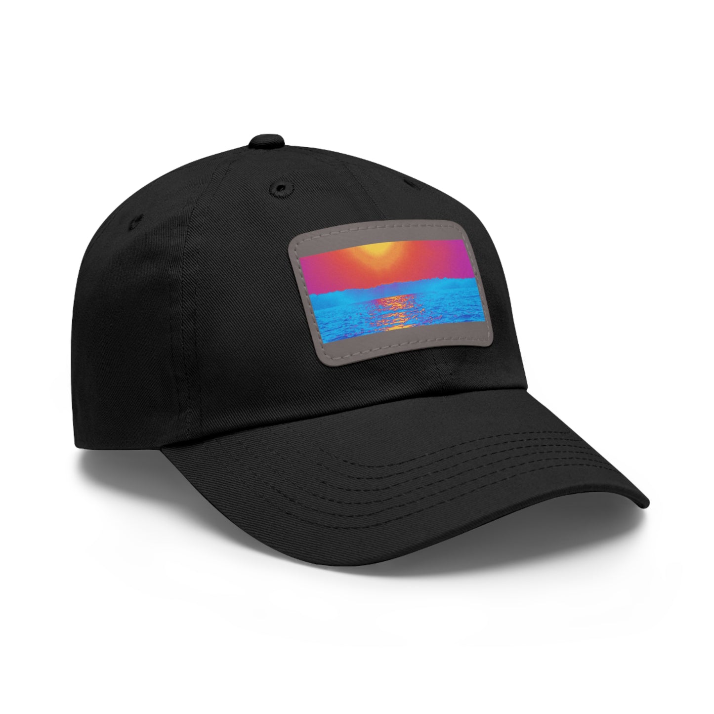 Sunset Ocean Leather Patch Dad Hat — Retro Vaporwave Beach Cap