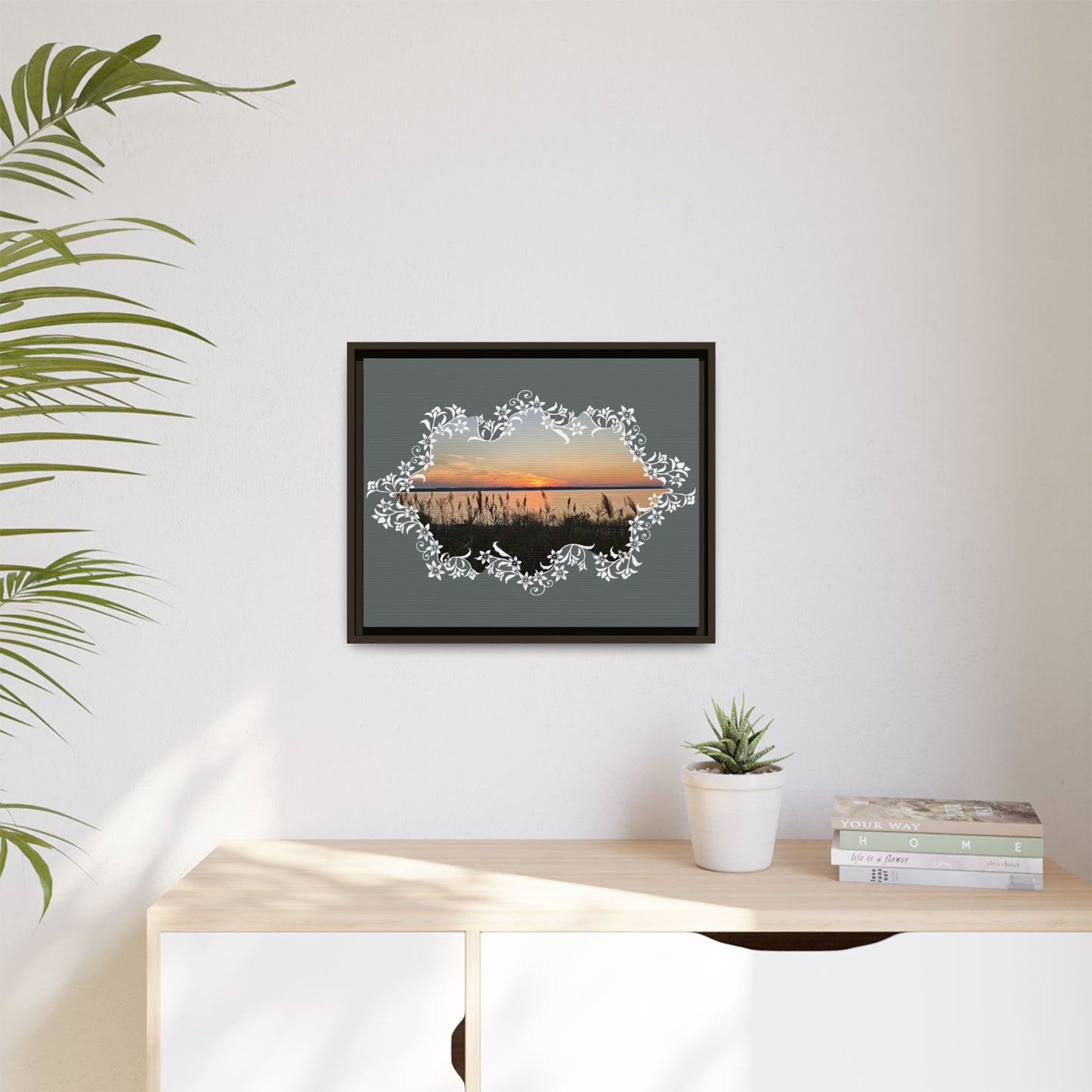 "Wild Youth" Framed Matte Canvas - Sunrise Marsh with Ornate White Floral Frame