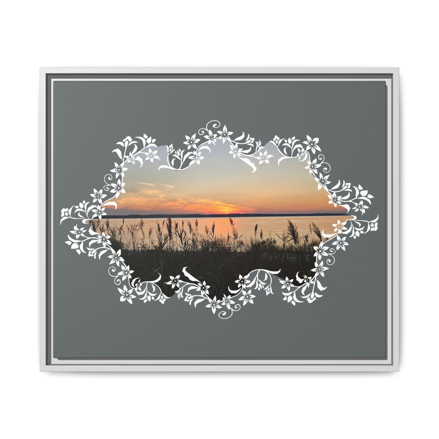 "Wild Youth" Framed Matte Canvas - Sunrise Marsh with Ornate White Floral Frame