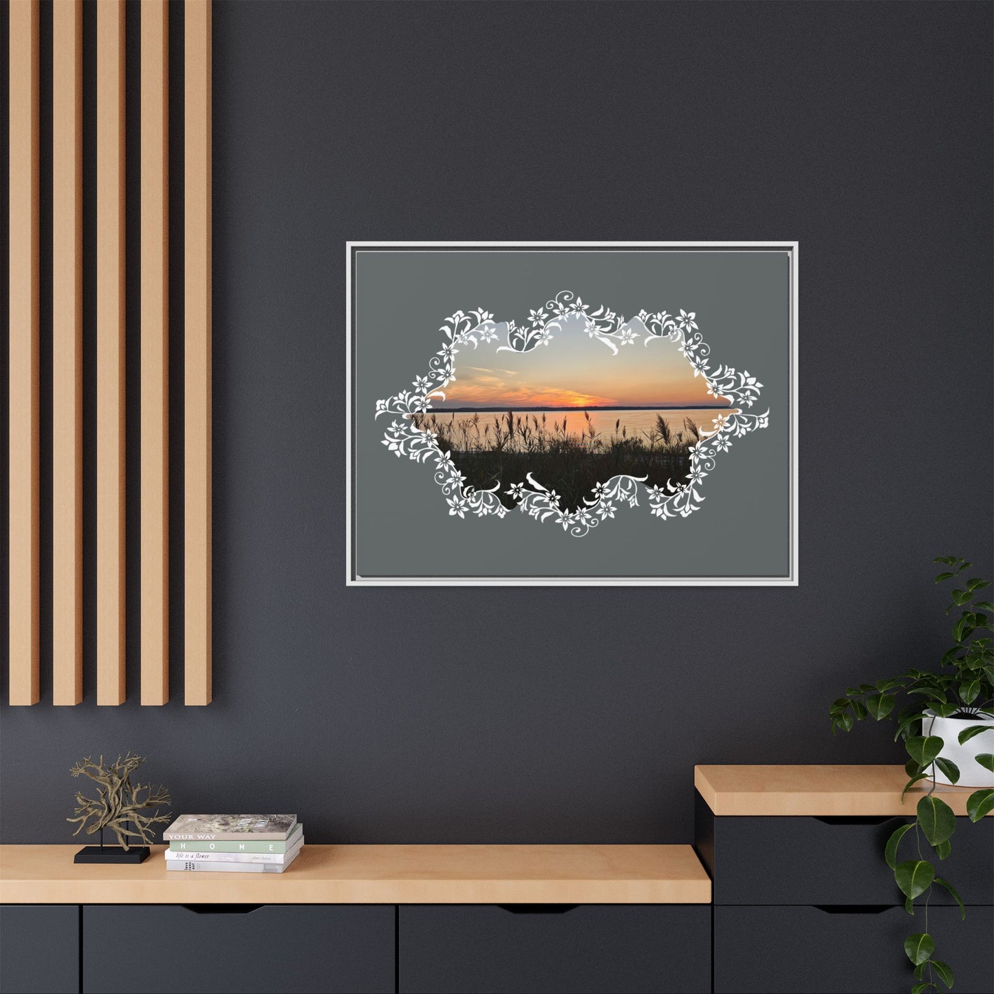 "Wild Youth" Framed Matte Canvas - Sunrise Marsh with Ornate White Floral Frame