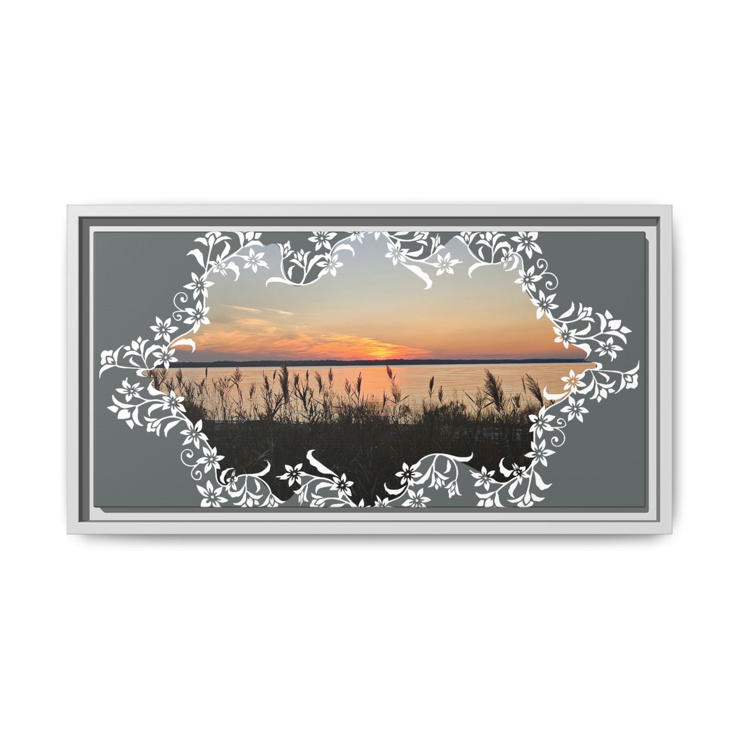 "Wild Youth" Framed Matte Canvas - Sunrise Marsh with Ornate White Floral Frame