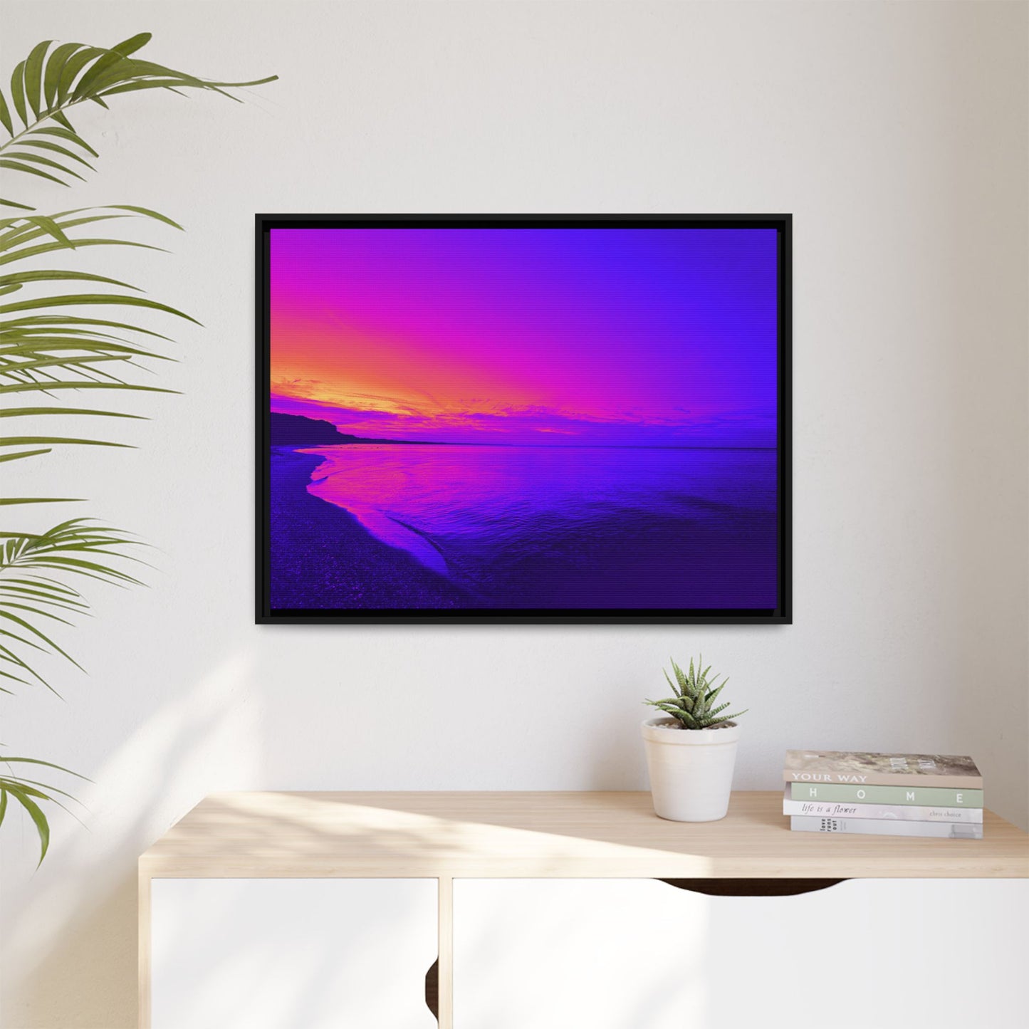 "Lavishing Symmetry" Sunset Shore Matte Canvas Framed Wall Art — Vibrant Purple & Pink Beach Landscape