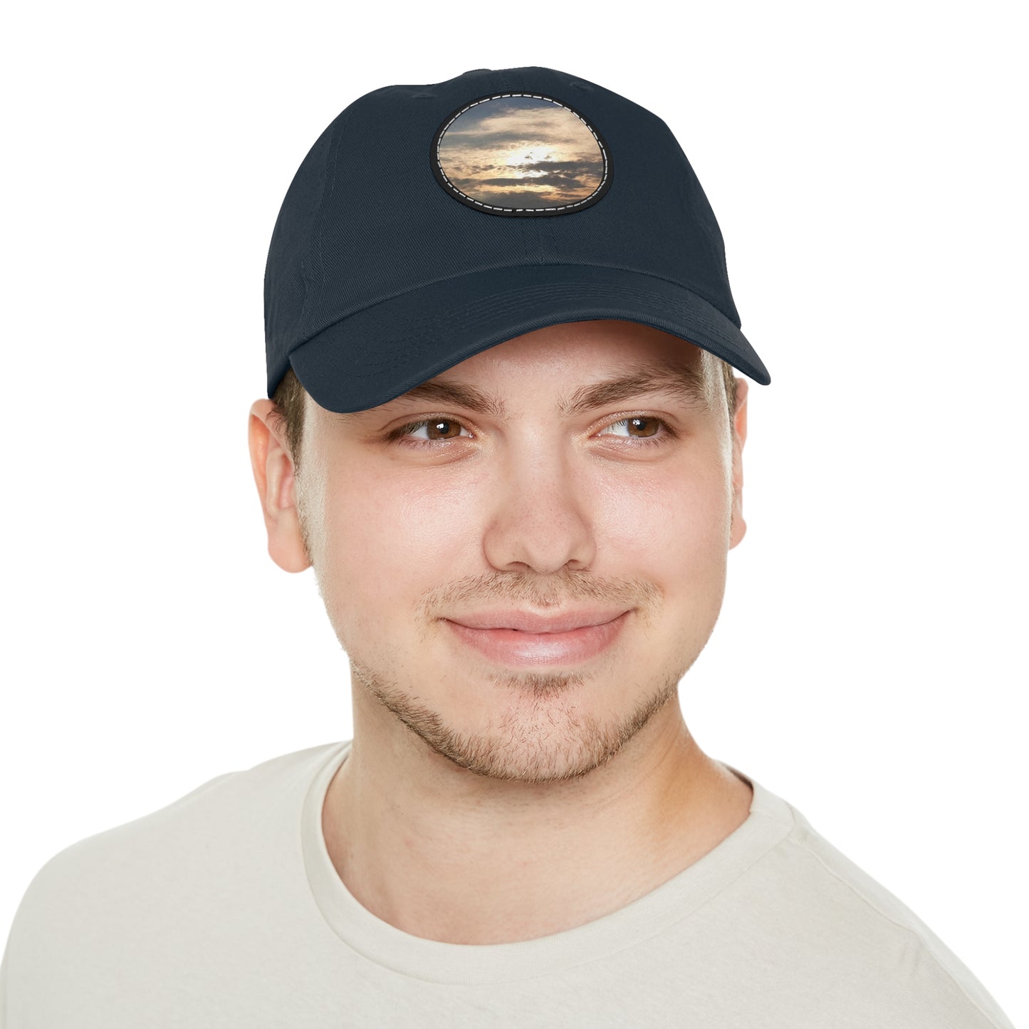 Round Leather Patch Dad Hat —"Sun Peaking Over the Clouds"-Patch Cap