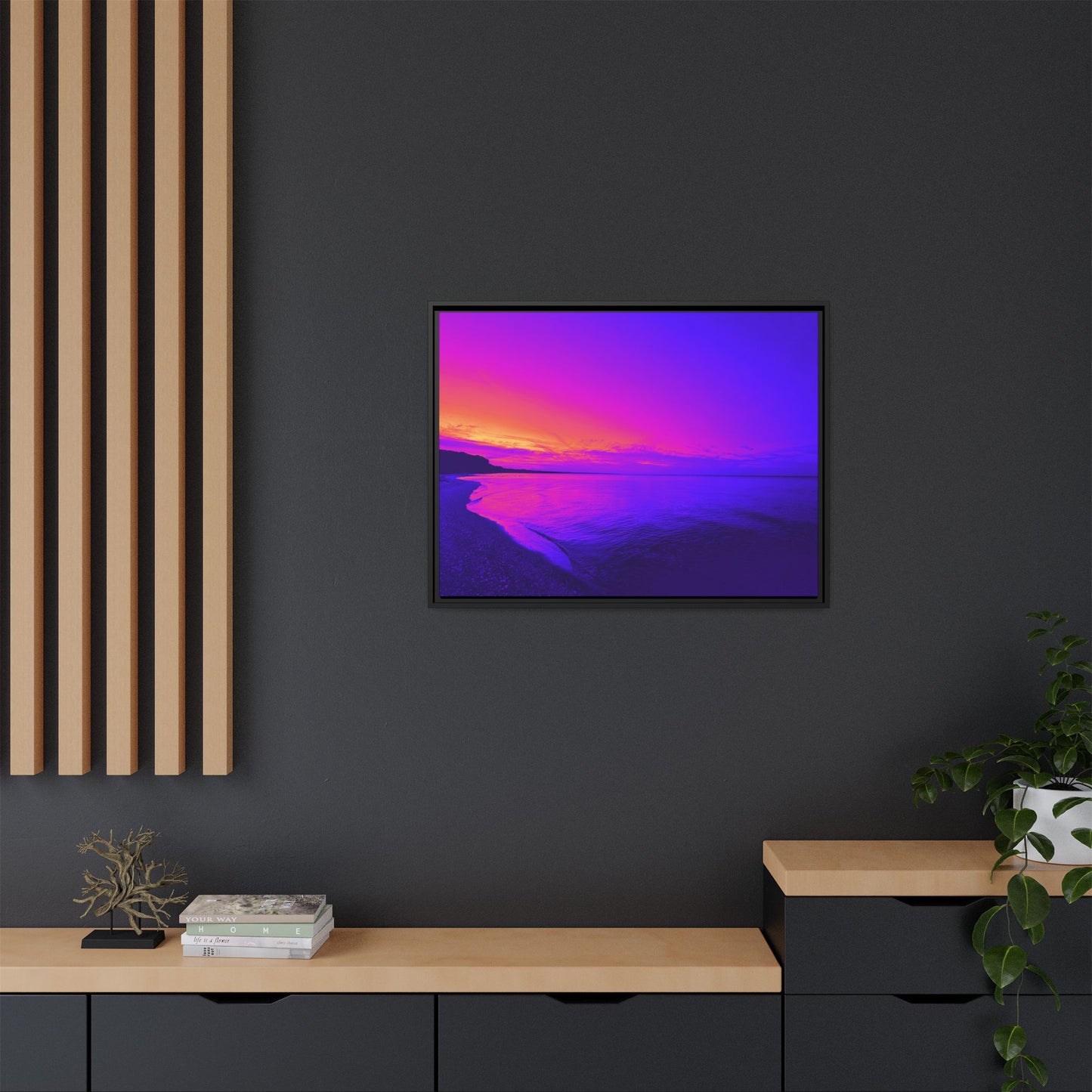 "Lavishing Symmetry" Sunset Shore Matte Canvas Framed Wall Art — Vibrant Purple & Pink Beach Landscape