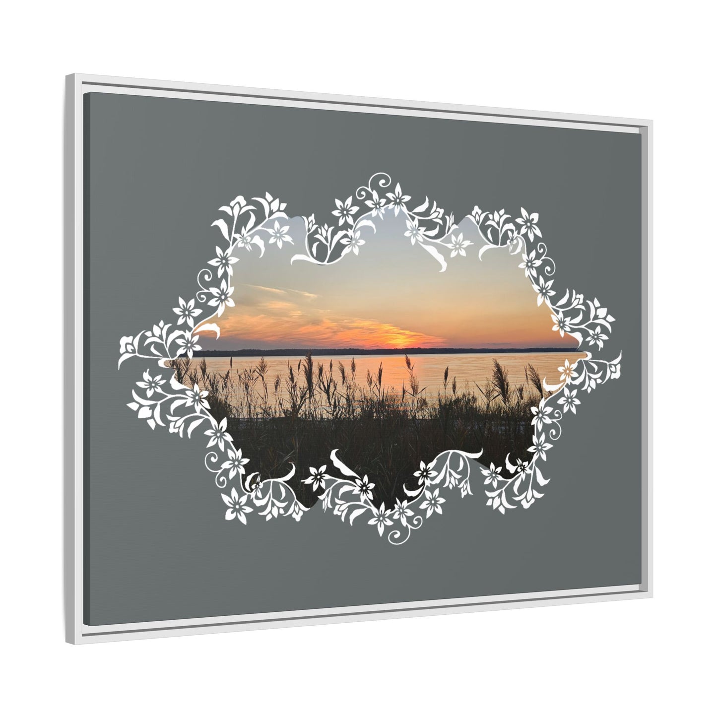 "Wild Youth" Framed Matte Canvas - Sunrise Marsh with Ornate White Floral Frame