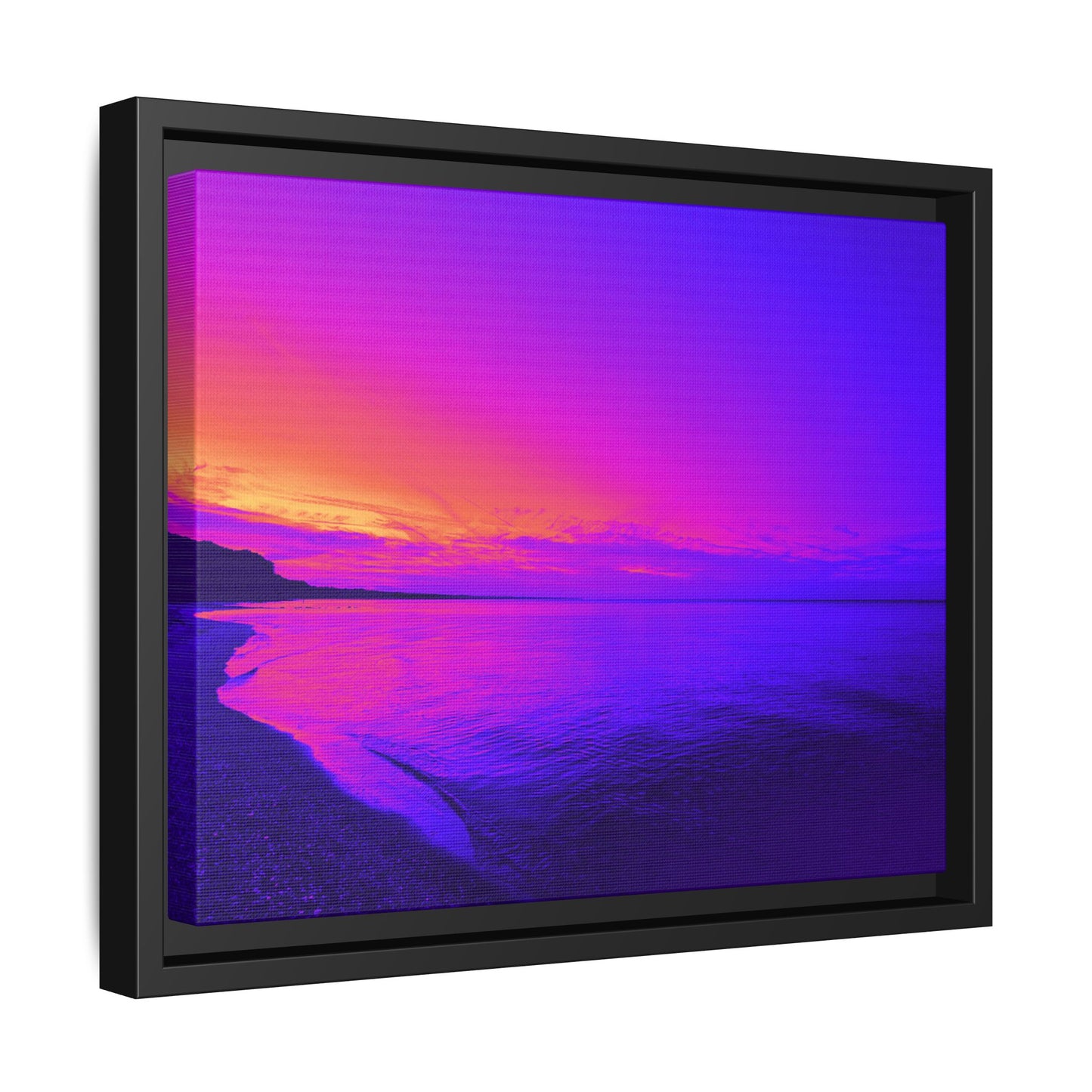 "Lavishing Symmetry" Sunset Shore Matte Canvas Framed Wall Art — Vibrant Purple & Pink Beach Landscape