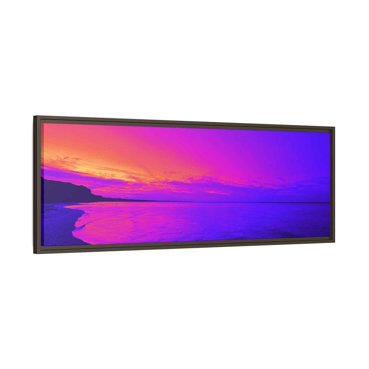 "Lavishing Symmetry" Sunset Shore Matte Canvas Framed Wall Art — Vibrant Purple & Pink Beach Landscape