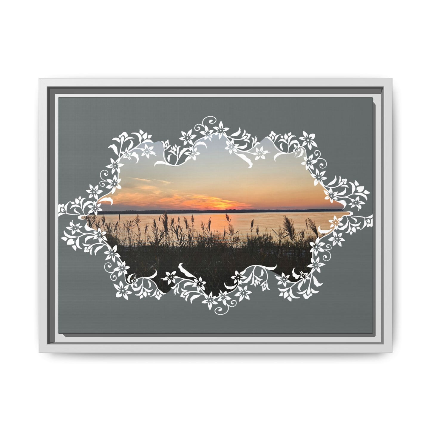 "Wild Youth" Framed Matte Canvas - Sunrise Marsh with Ornate White Floral Frame