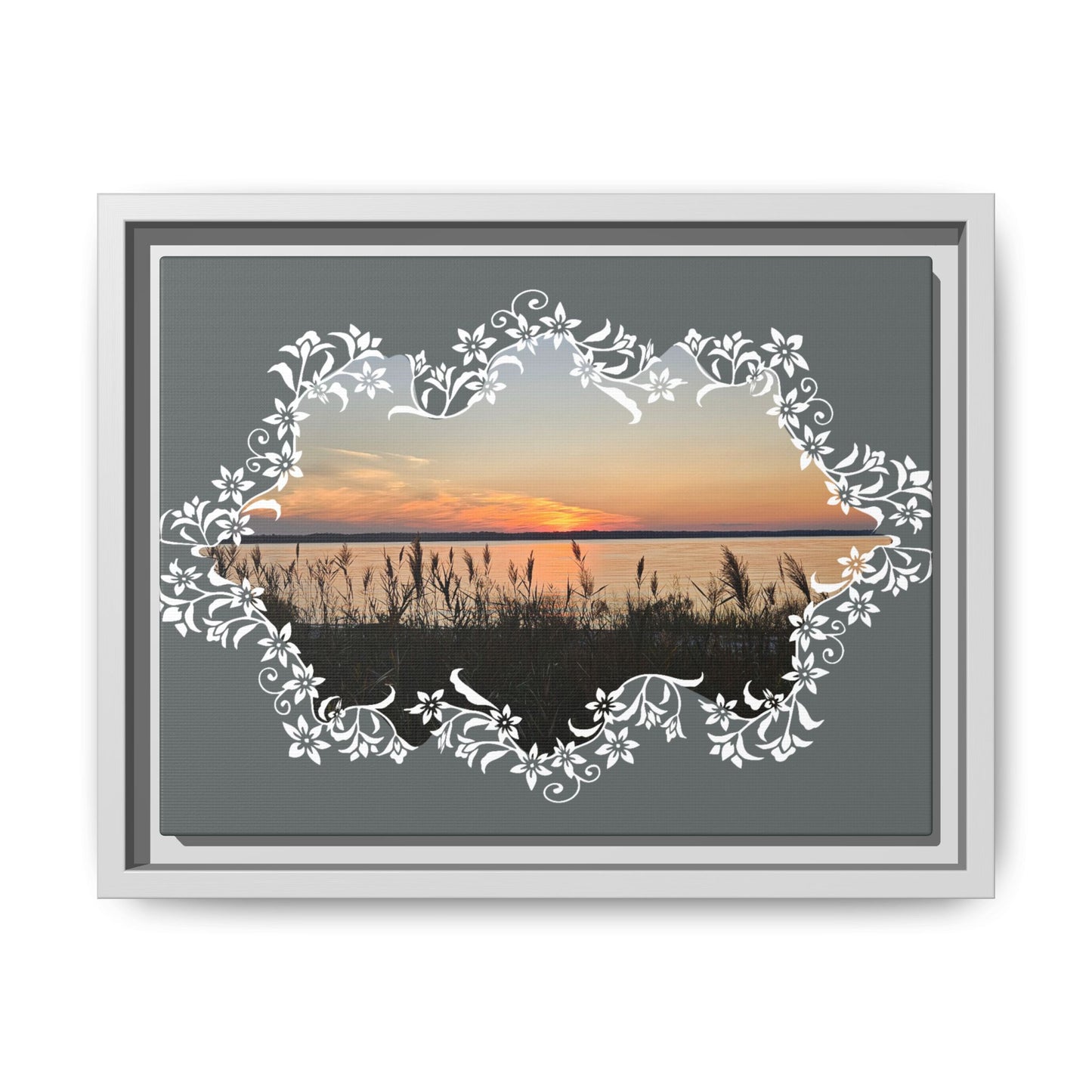 "Wild Youth" Framed Matte Canvas - Sunrise Marsh with Ornate White Floral Frame