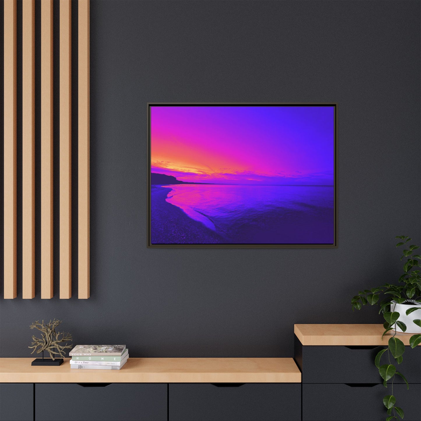 "Lavishing Symmetry" Sunset Shore Matte Canvas Framed Wall Art — Vibrant Purple & Pink Beach Landscape