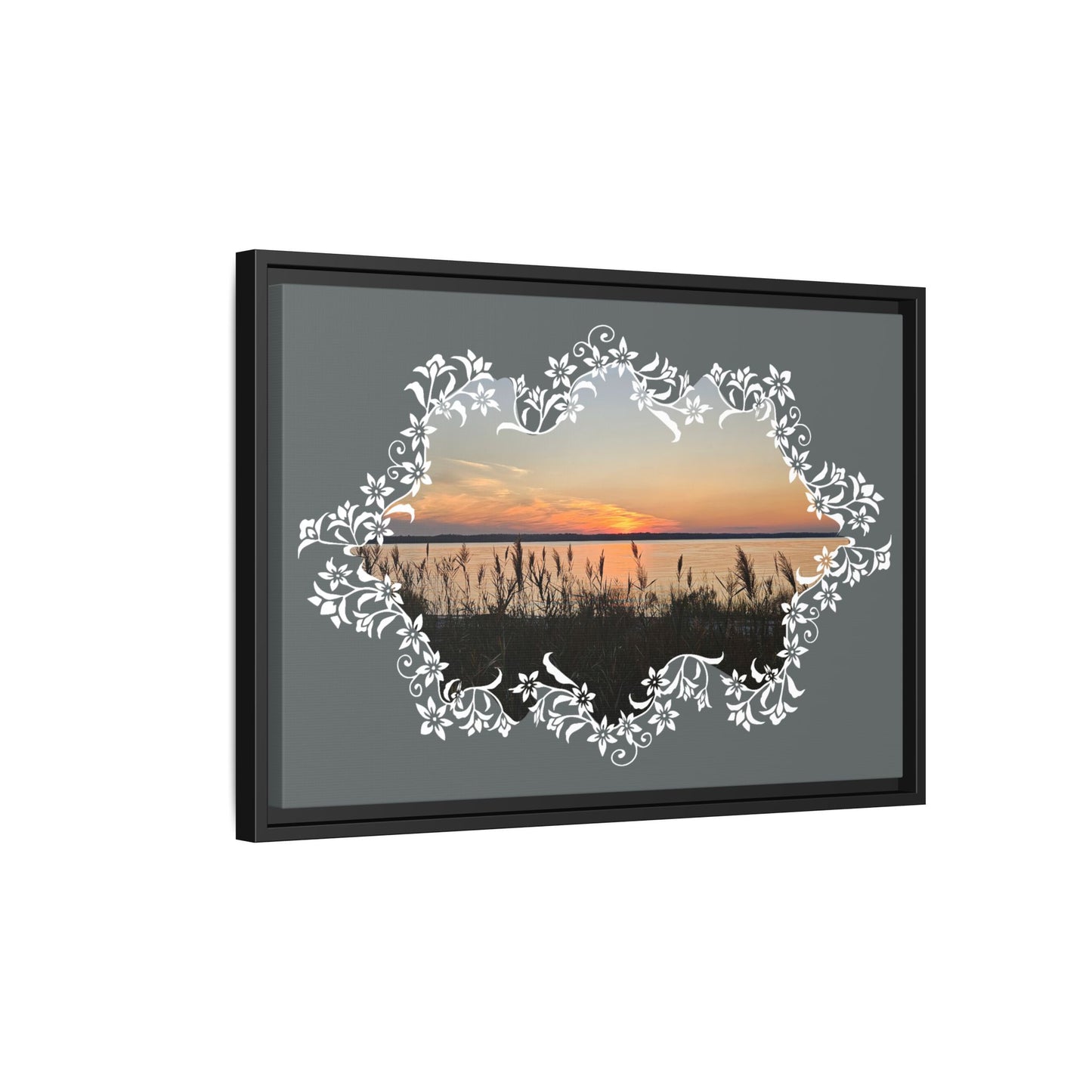 "Wild Youth" Framed Matte Canvas - Sunrise Marsh with Ornate White Floral Frame