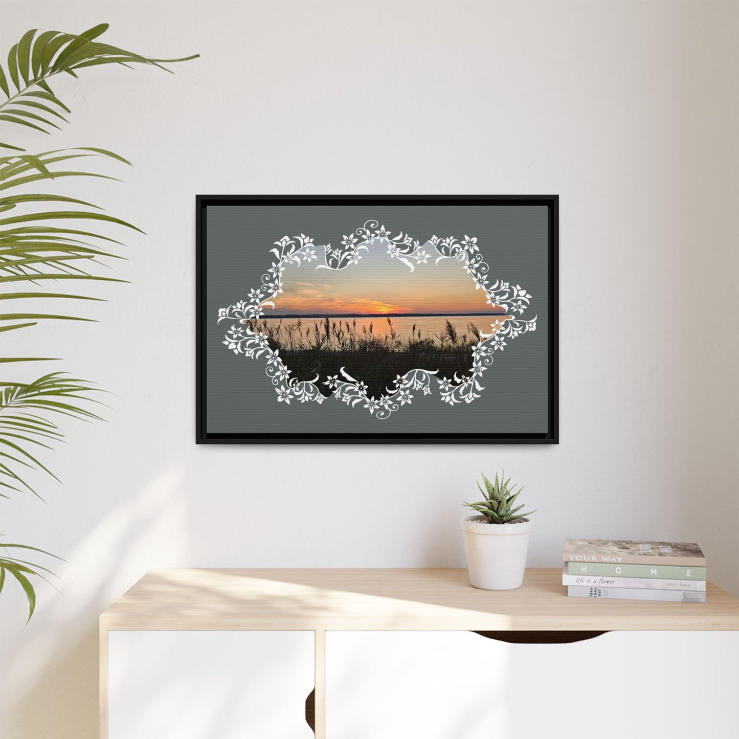"Wild Youth" Framed Matte Canvas - Sunrise Marsh with Ornate White Floral Frame