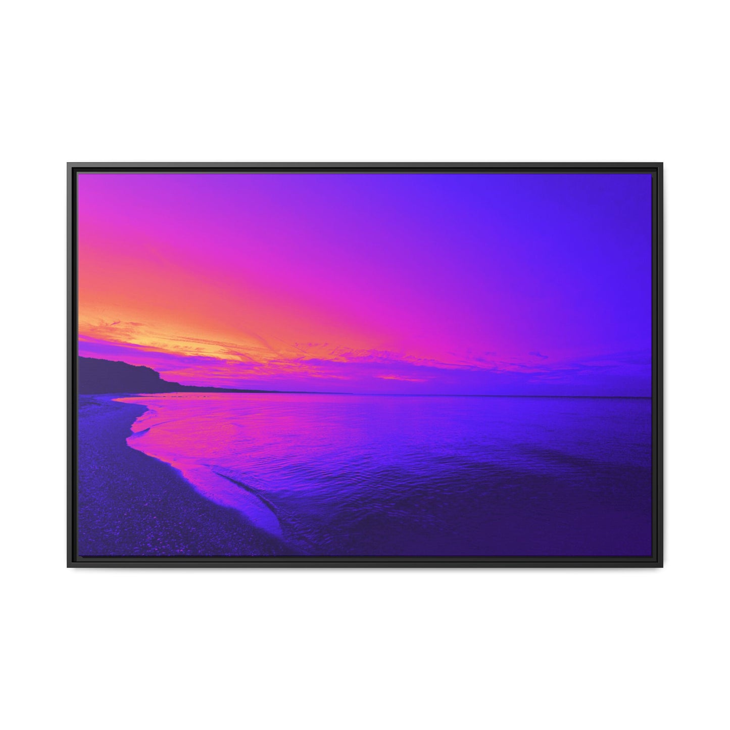 "Lavishing Symmetry" Sunset Shore Matte Canvas Framed Wall Art — Vibrant Purple & Pink Beach Landscape