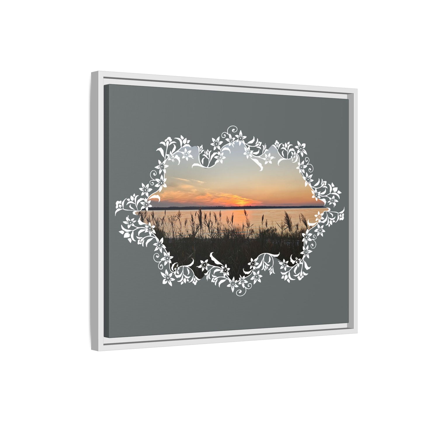 "Wild Youth" Framed Matte Canvas - Sunrise Marsh with Ornate White Floral Frame