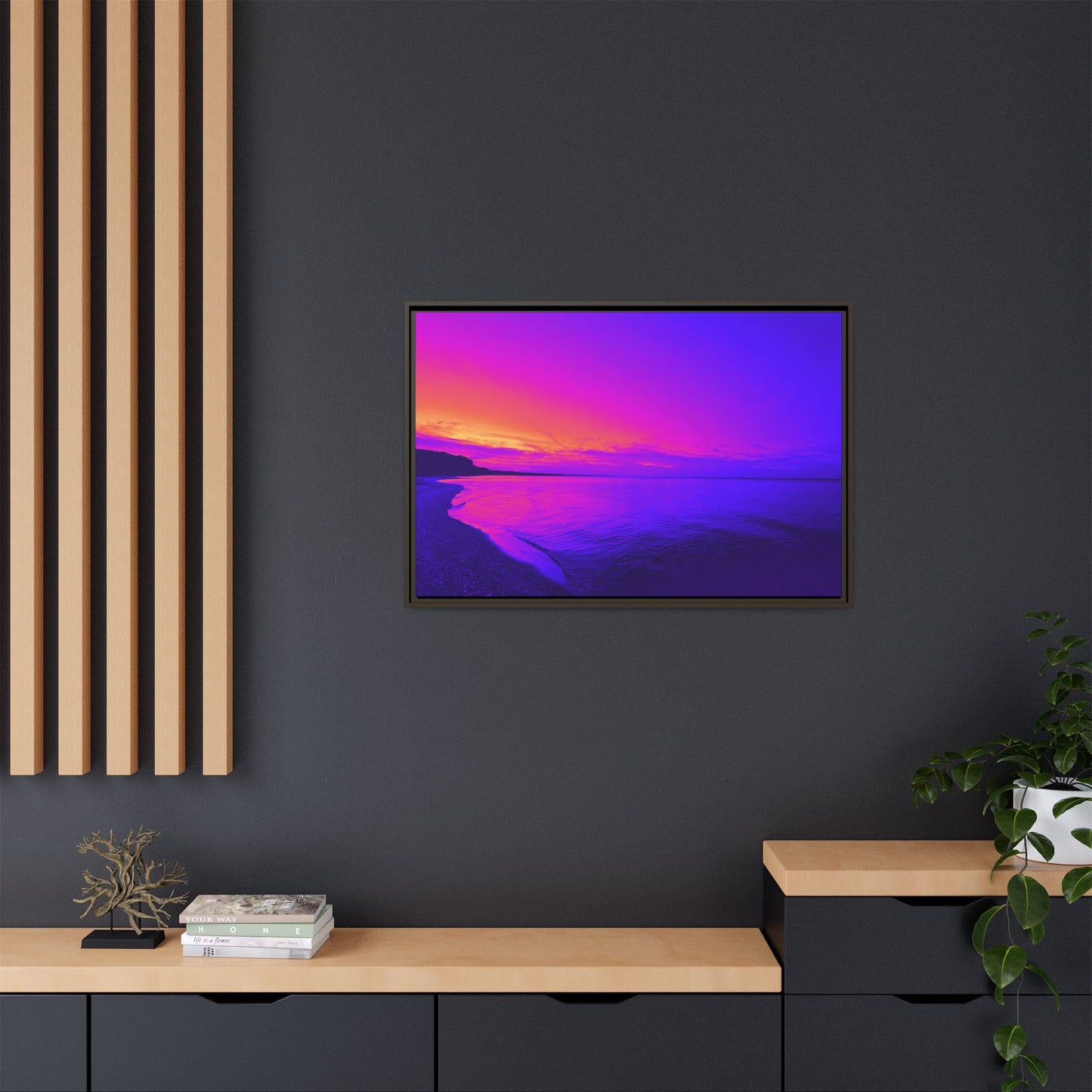"Lavishing Symmetry" Sunset Shore Matte Canvas Framed Wall Art — Vibrant Purple & Pink Beach Landscape