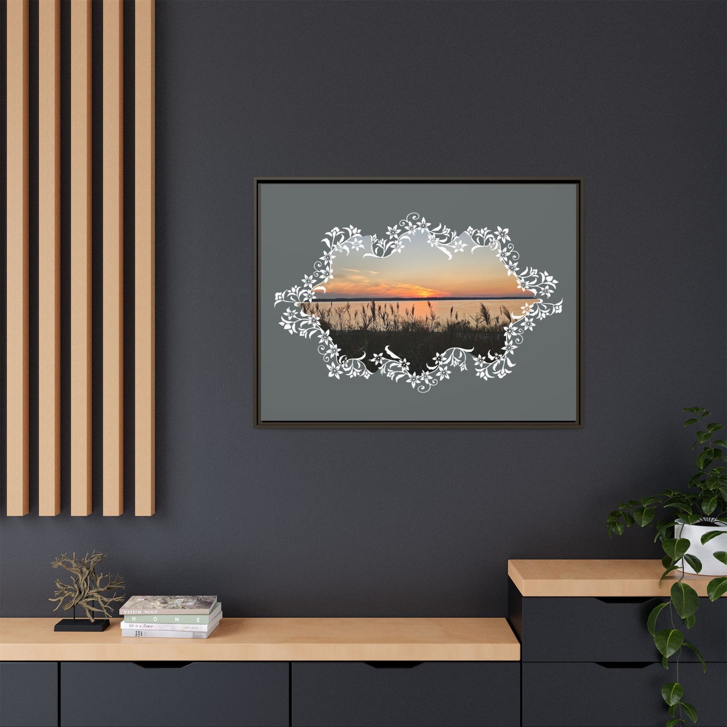 "Wild Youth" Framed Matte Canvas - Sunrise Marsh with Ornate White Floral Frame