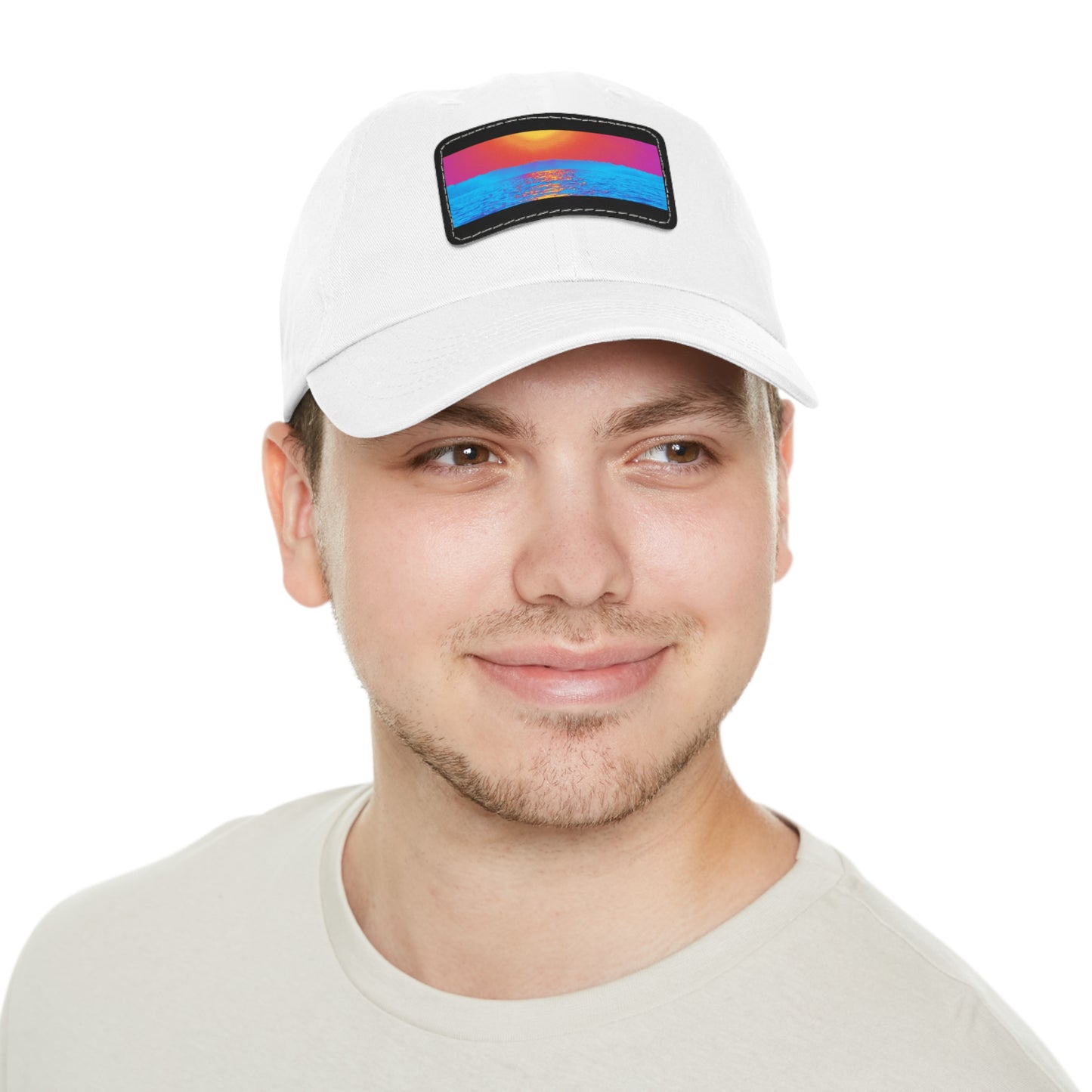 Sunset Ocean Leather Patch Dad Hat — Retro Vaporwave Beach Cap