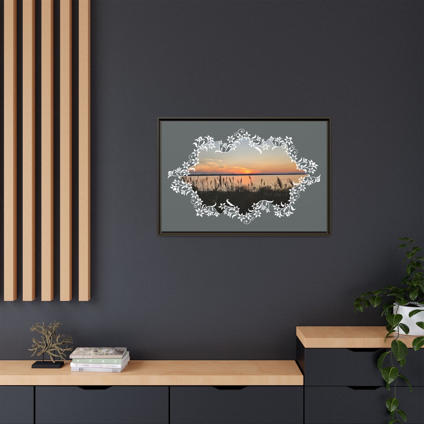 "Wild Youth" Framed Matte Canvas - Sunrise Marsh with Ornate White Floral Frame